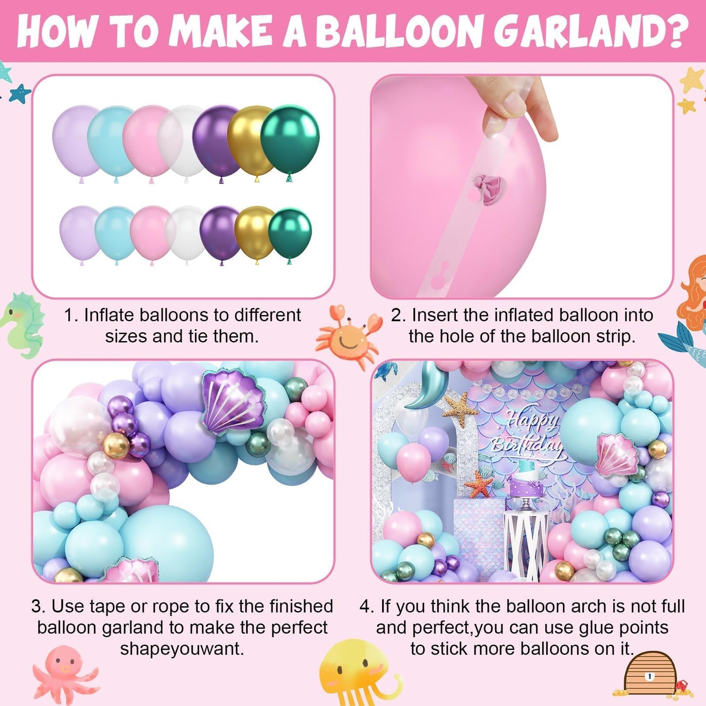 Mermaid Balloon Garland Arch Kit, Pastel Pink Purple Teal Blue Clear Latex Balloons with Mermaid Tail Seashell Foil balloons, for Girls Little mermaid Party Decorations Under the Sea Birthday Supplies
