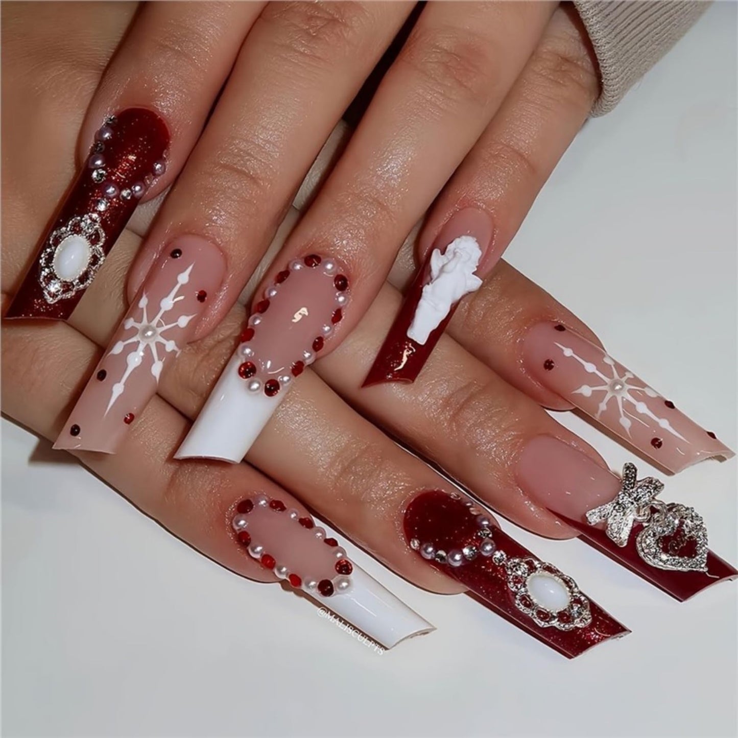 Valentines Long Press on Nails Square Fake Nails SEENEEY Special Square Artificial Nail Red and White Pearl Designs Rhinestones Stick on Nail for Women 24pcs