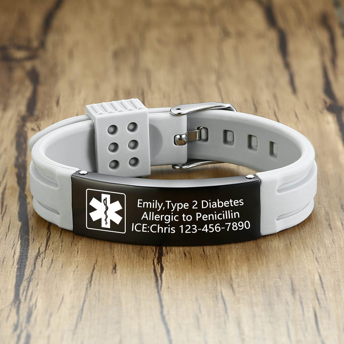 VNOX Customize Emergency Jewelry Medical Alert ID Grey Silicone Stainless Steel Adjustable Bracelet