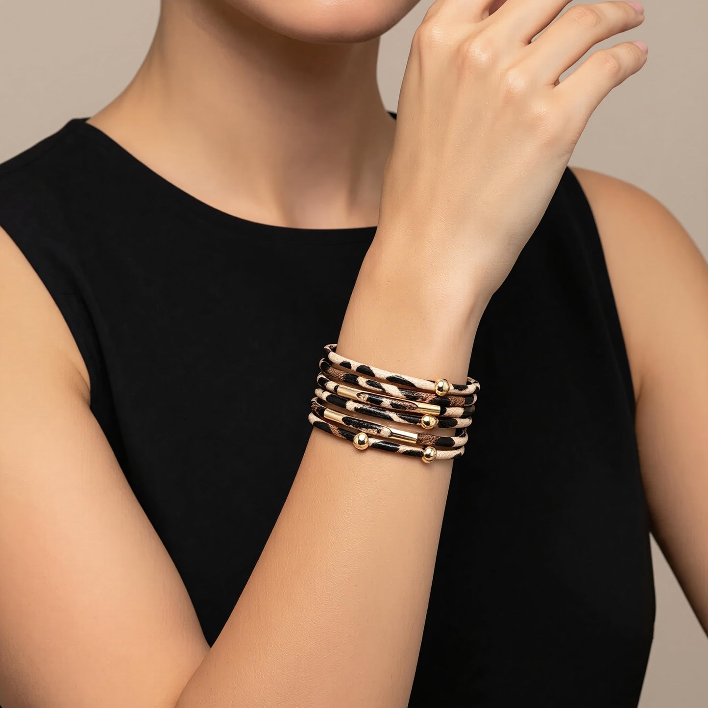 Fesciory Leopard Bracelet for Women, Boho Leather Wrap Multi-Layer Pearl Crystal Bracelet Bangle Jewelry(Brown Leopard)