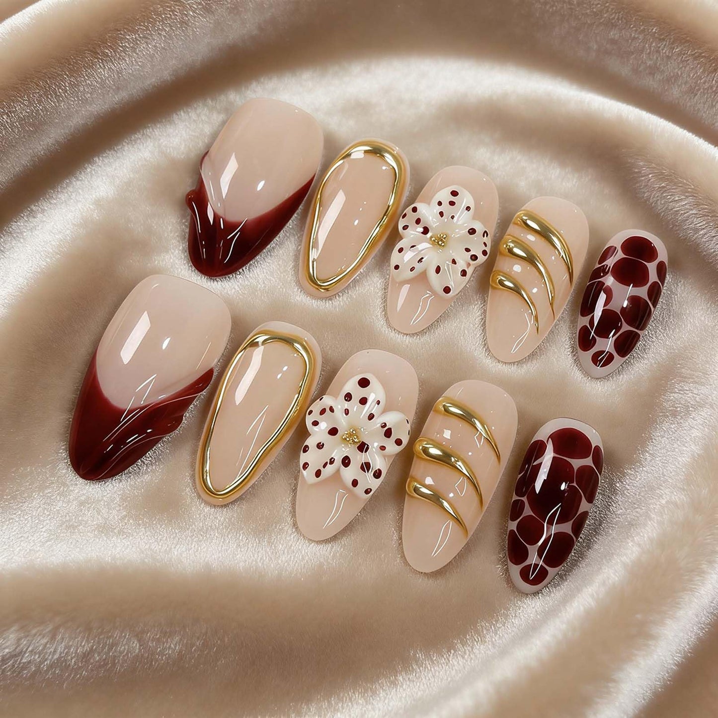 Handmade Press on Nails Almond Summer Nails Reusable 3D Flower Fake Nails French Tip Gold Accent Glue on Nails for Women 10 Count S Size