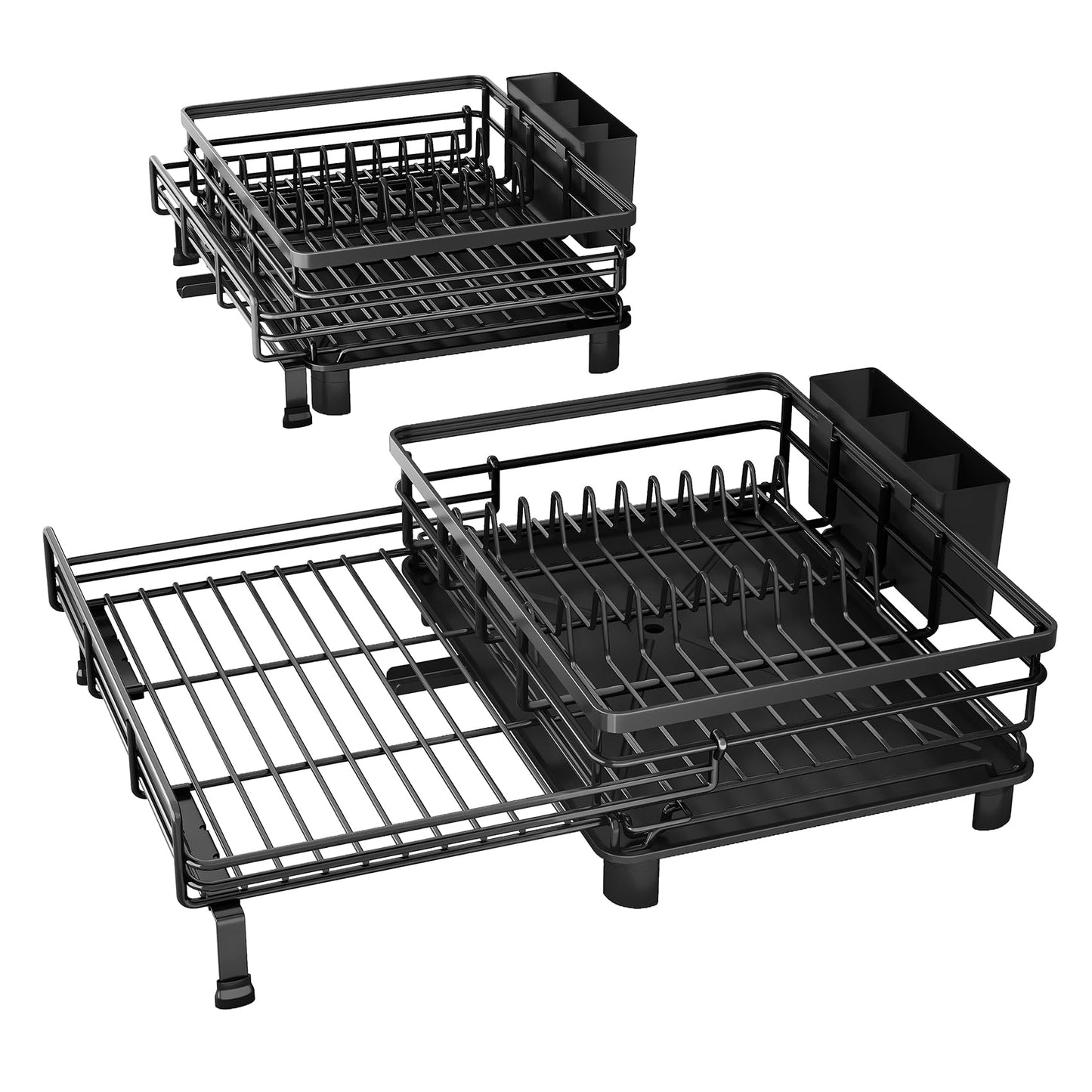 SNTD Dish Drying Rack - Extendable Dish Rack, Large Sink Drying Dish Drainer for Kitchen Counter, Stainless Steel Dish Strainer with Utensil Holder (Black)