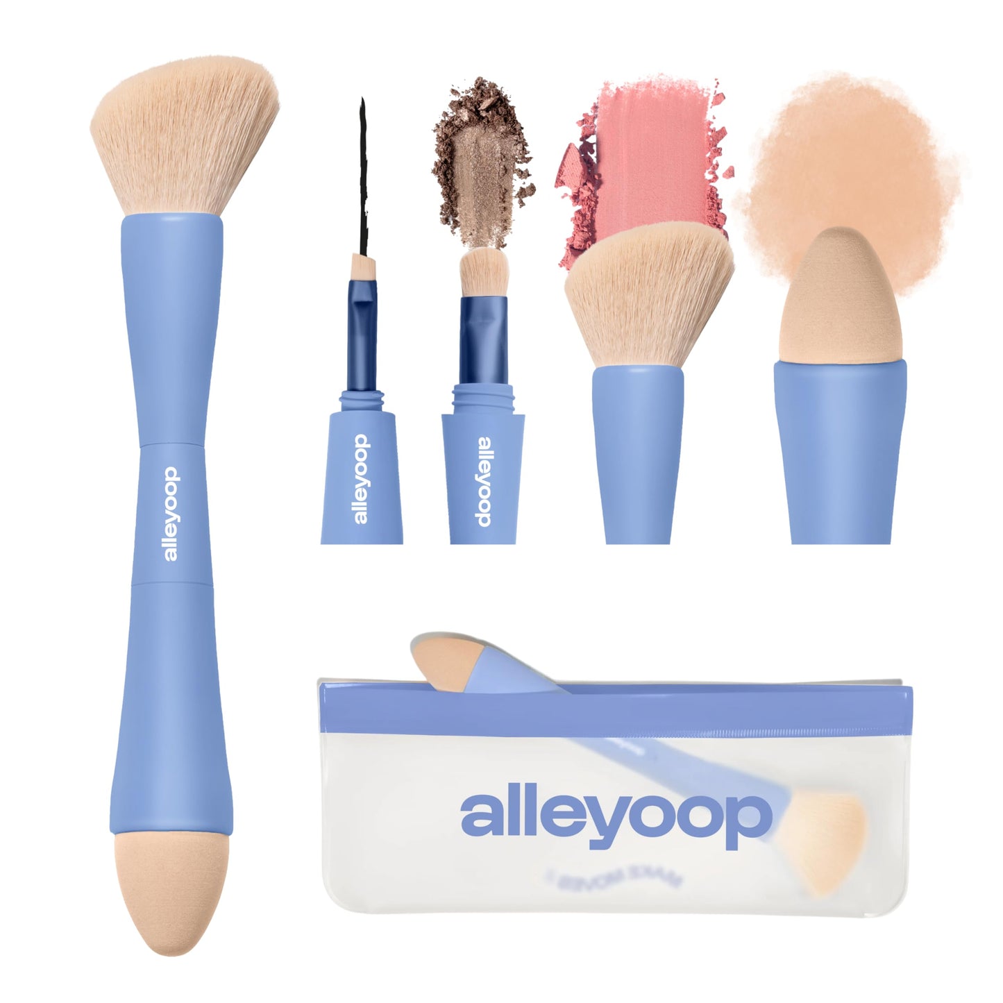Makeup Brush Set Alleyoop Multi-Tasker 4-in-1 Travel Make Up Brush Set + Blending Sponge Refill Pack – Compact Makeup Brushes for Foundation, Blush, Bronzer, Contour, Eyeshadow, Brows & Liner