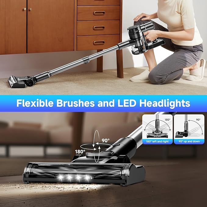 Cordless Vacuum Cleaner, 35Kpa Vacuum Cleaner for Home, 45Mins Stick Vacuum with LED Display, Anti-Tangle & Wall Mount Charging, 6 in 1 Lightweight Vacuum for Hard Floors, Carpet, Pet Hair (black)