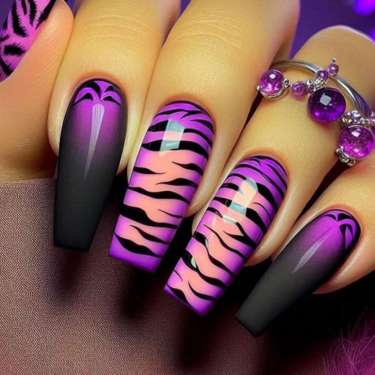 Chunmeng 24PCS Long Press on Nails, Purple Pink Tiger Pattern Acrylic False Nails, Cute Reusable Artificial Nails for Women & Girls