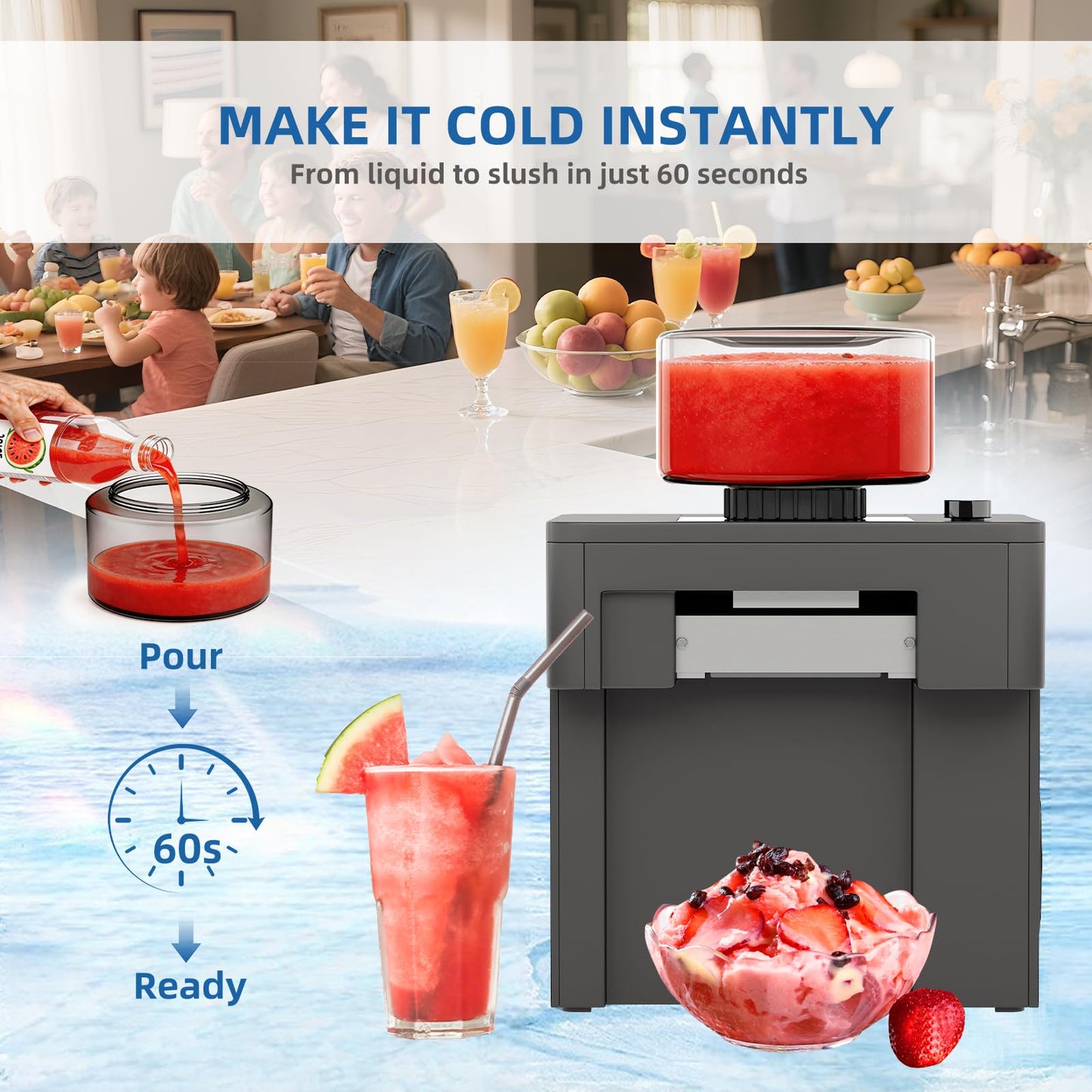 ICEMAGE Shaved Ice Machine, 60s Fast Slushie & Snow Cone Maker for Home, No Pre-Freezing, 15 Textures, All-Drink Compatible, 50dB Quiet, One-Touch Self-Cleaning, Compact for Parties & RVs