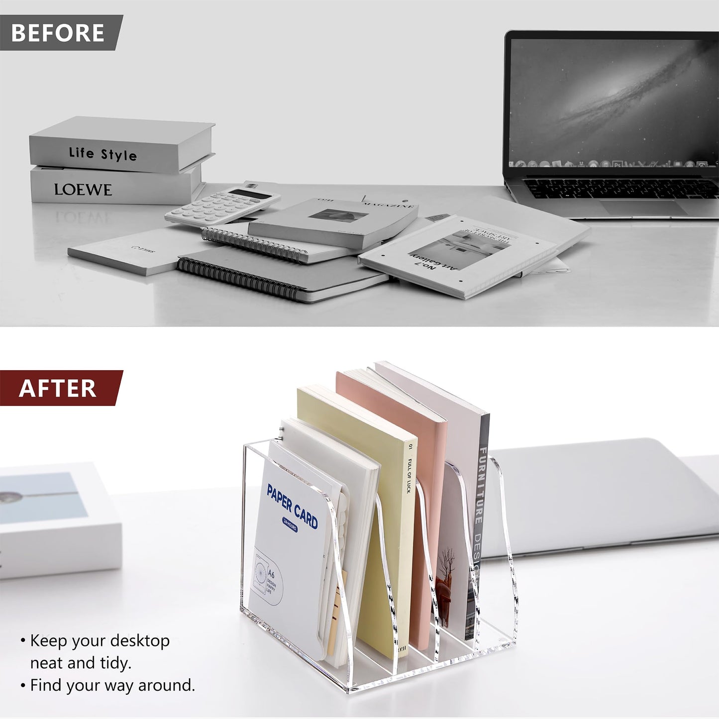 YUXUN Clear Acrylic File Folder Holder - 4 Vertical Compartments Desk Document Sorter, Upright Magazine Rack for Office/Home/Classroom, Stores Documents, Tablets, Magazines, Books & Accessories
