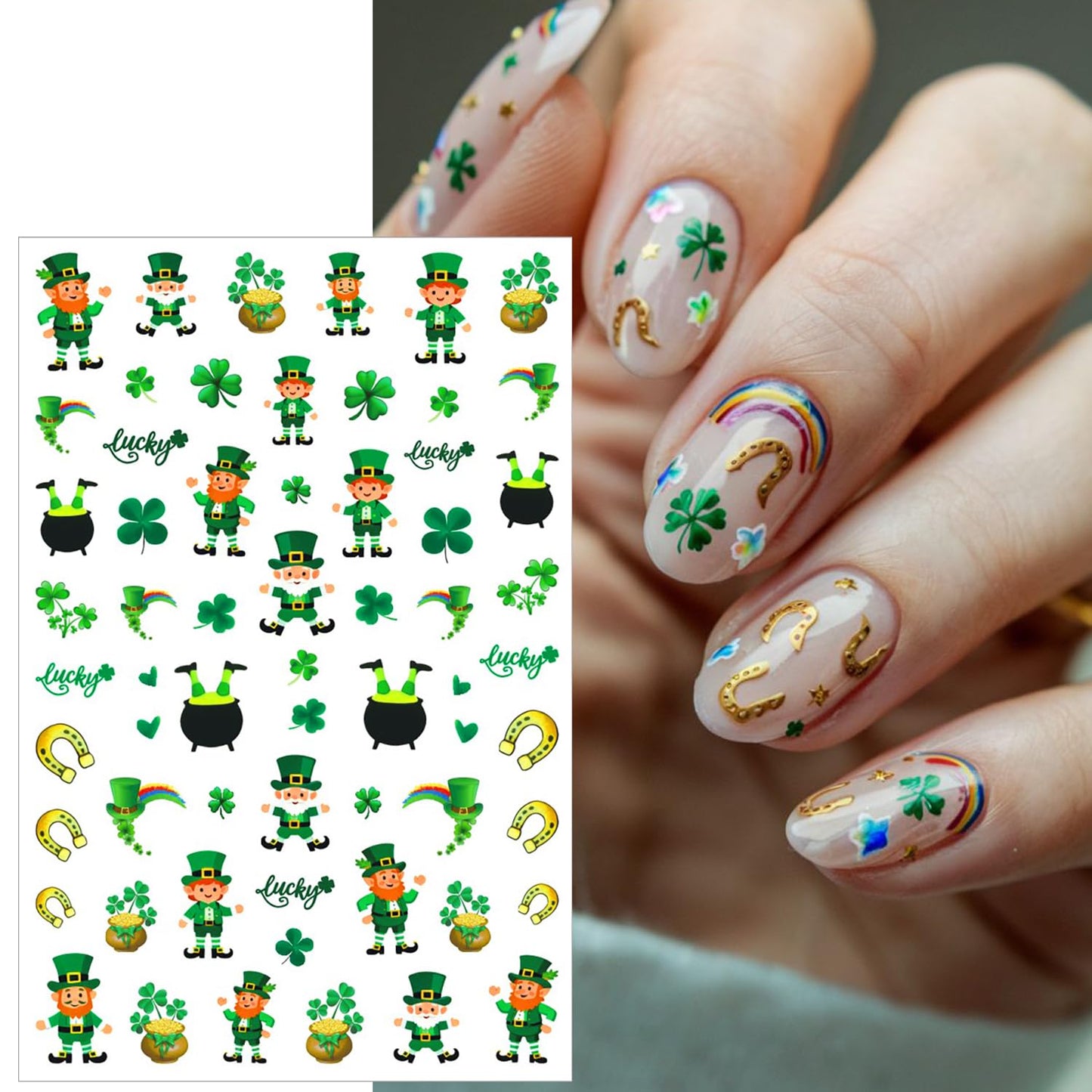 6Pcs St. Patrick's Day Nail Stickers Set Customized and Unique Irish Shamrock 3D Self-Adhesive Nail Decals Lucky Clover Four Leaf Design Green Shamrock Sticker for Saint Patricks Day Nail Decoration