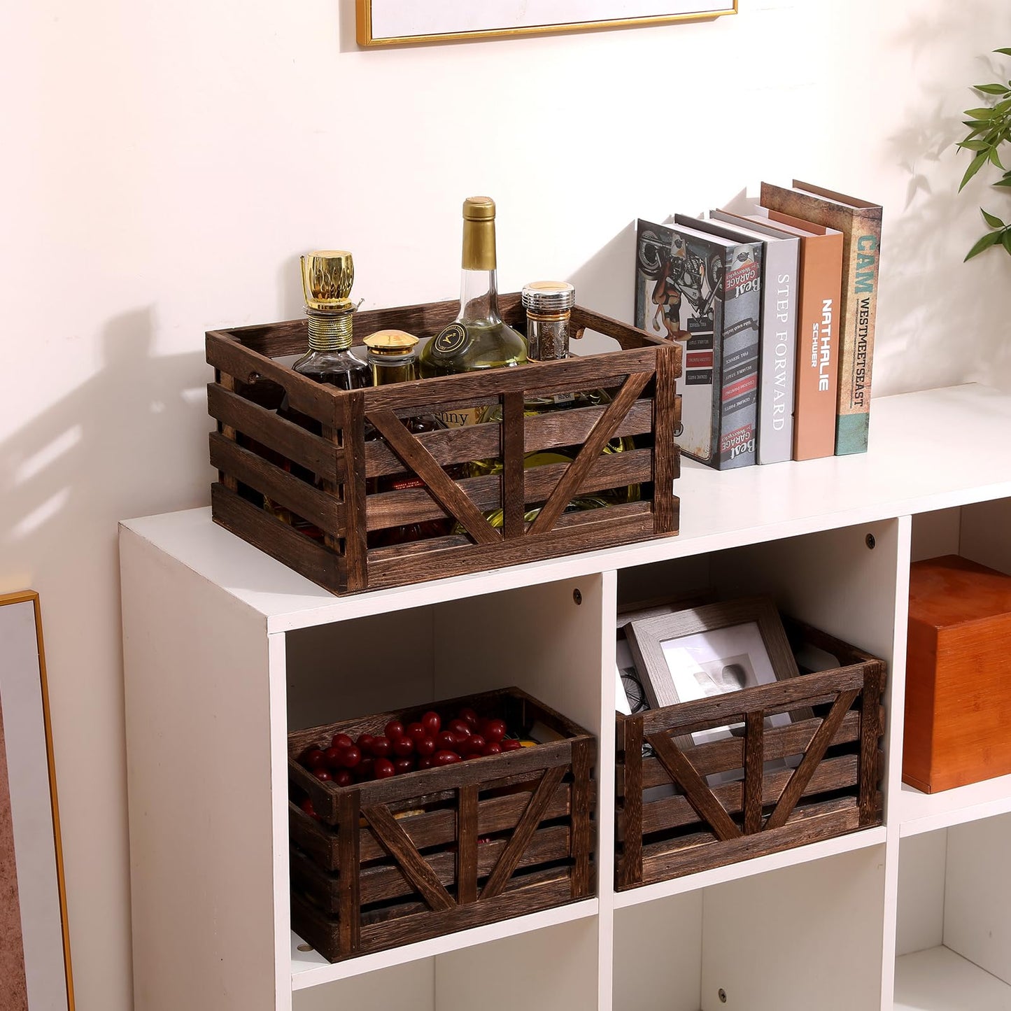 LYDWOO8D Nested Wooden Storage Crates Set of 3 (L,M,S),Farmhouse Decorative Boxes with Handles for Home Organization & Display