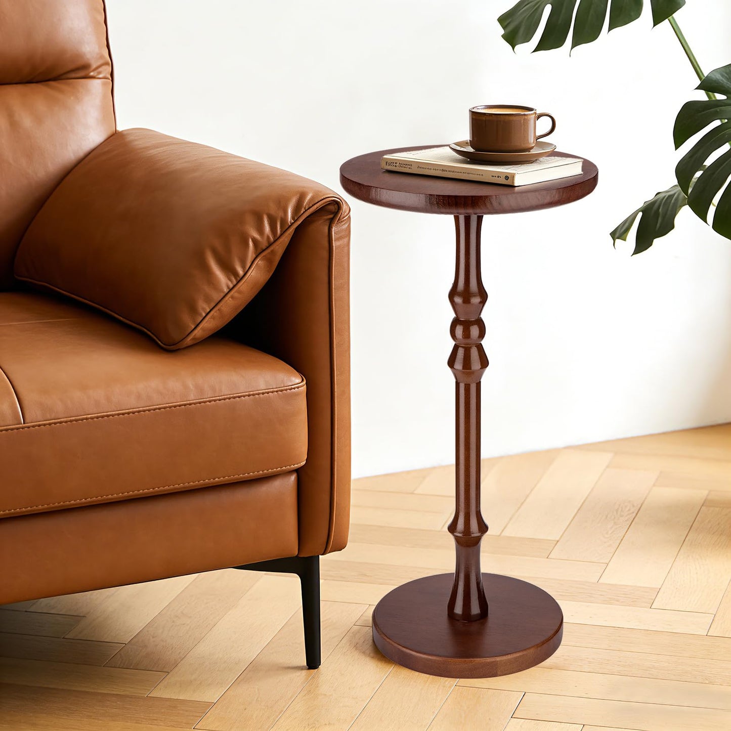 Lampaggio Round Side Table for Small Spaces, Drink Table with Oak Wood Pedestal Base, Modern Accent End Table or Nightstand for Living Room, Bedroom, Office, and Corners, Tool-Free Assembly, Brown