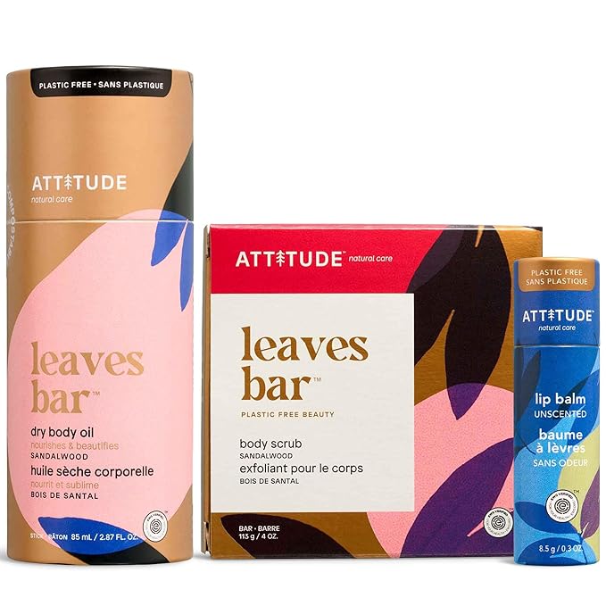 Bundle of ATTITUDE, EWG Verified, Plastic-free, Vegan, Body Scrub Bar, Sandalwood, 4 Oz + Lip Balm, Unscented, 0.3 Oz + Dry Body Oil, Sandalwood, 2.87 Fl Oz
