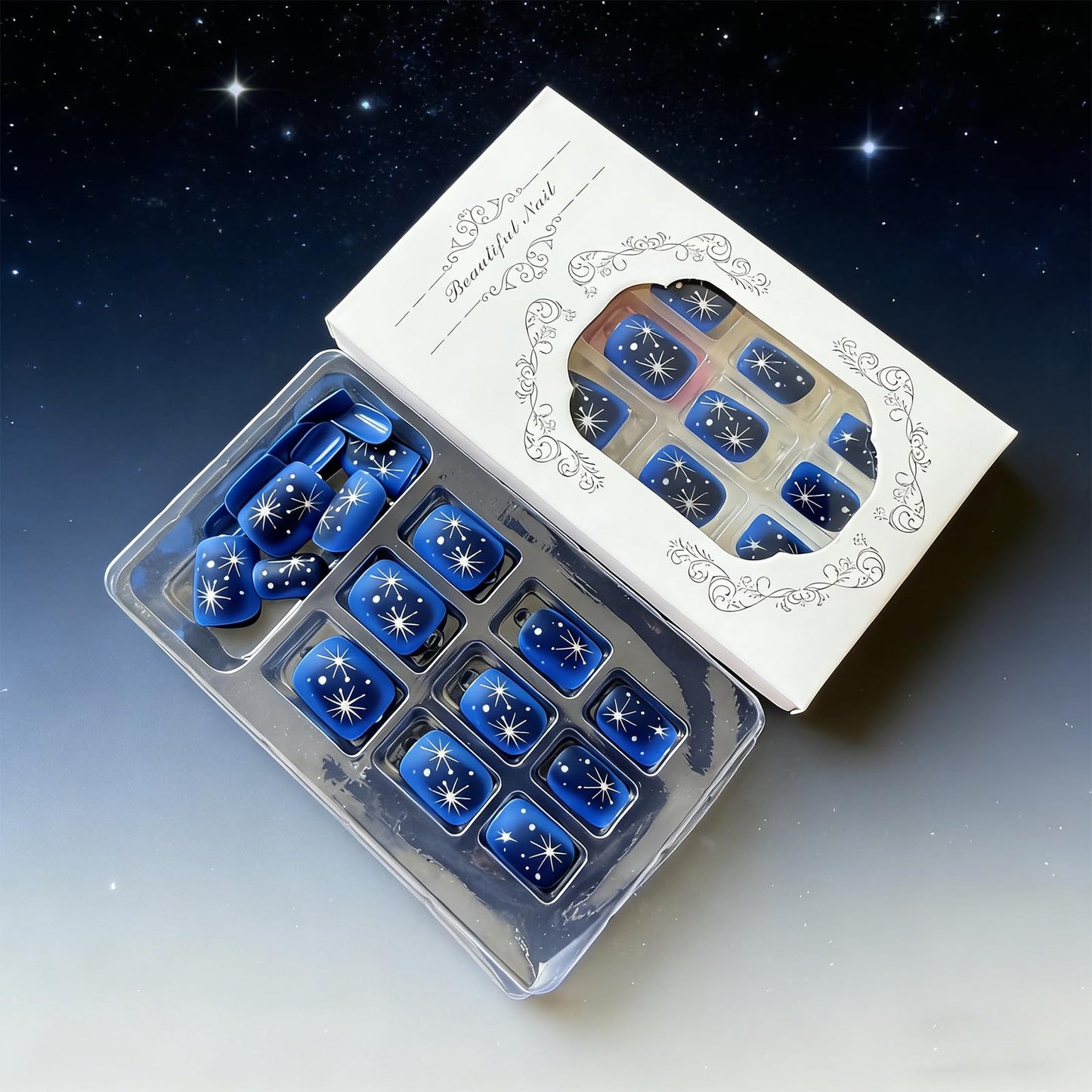 Short Press on Nails Square Fake Nails Navy Blue Starry Sky Acrylic Nail Press ons with Polka Dot Stars Design Reusable Artificial Nails Full Cover Stick on Nails for Women Manicure 24Pcs