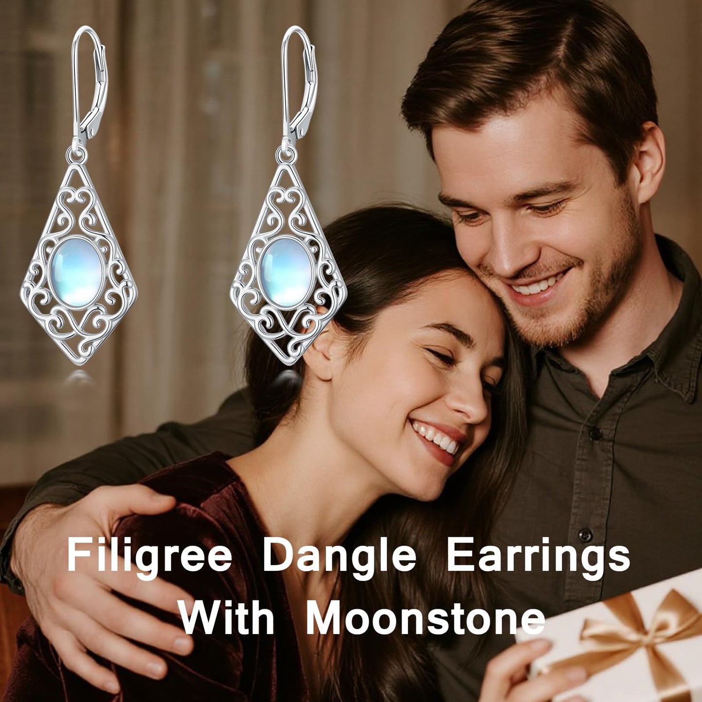 CTIEIP Filigree Moonstone Earrings for Women 925 Sterling Silver Teardrop Moonstone Dangle Earrings Jewelry Gift for Her Mom