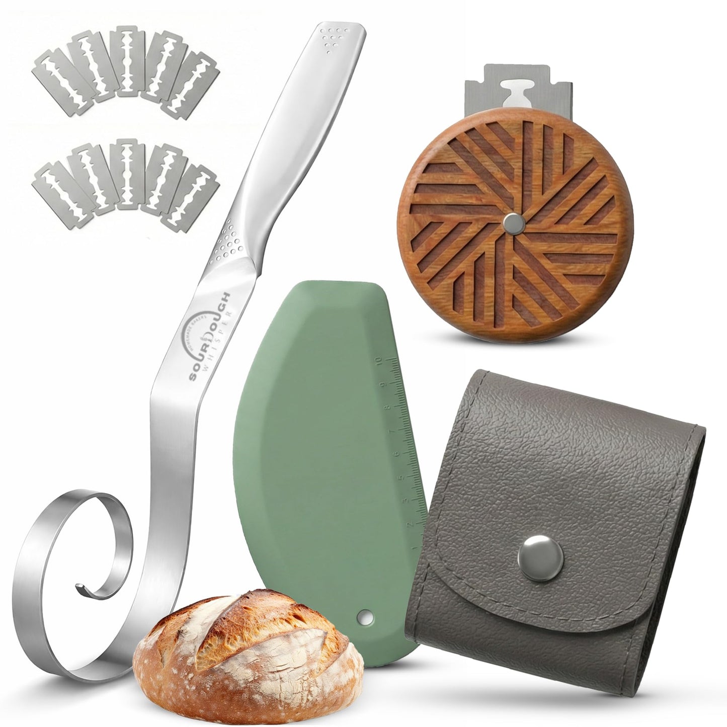 Sourdough Accessories | Seamless Danish Sourdough Bread Whisk, Silicone Dough Scraper & Sourdough Scoring Tool with 5 Blades + Storage Bag (Sourdough bread lame Kit) | Bread baking supplies