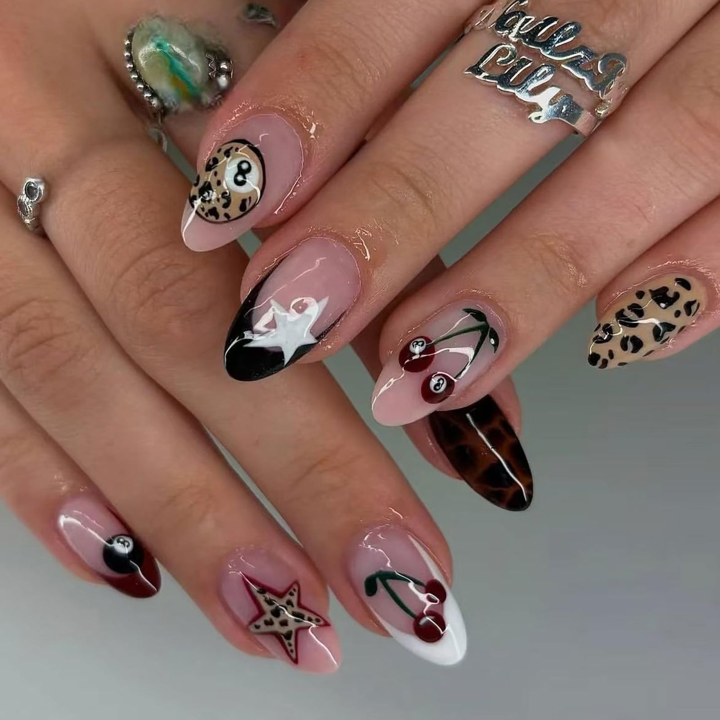 IMSOHOT Press on Nails Short Oval Fake Nails Brown Leopard Print False Nails with Cherry, Billiard Ball Design Full Cover Glossy Stick on Nails for Women