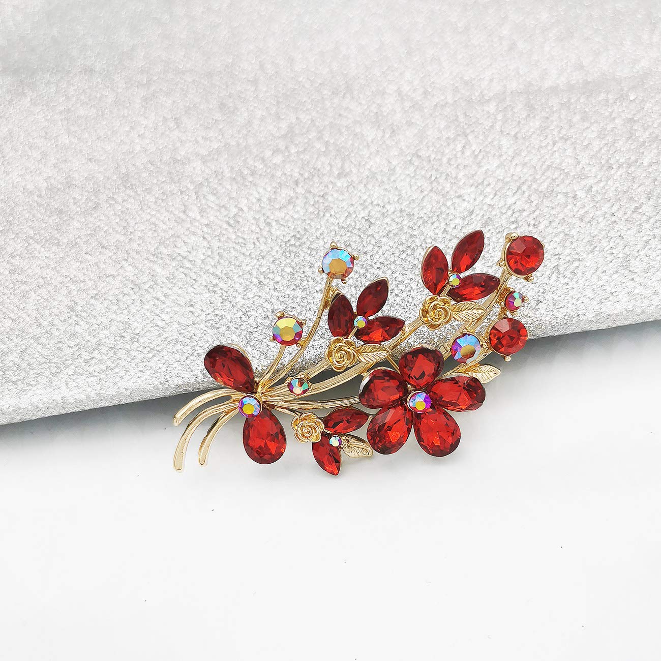 YOQUCOL Vintage Red Austrian CZ Crystal Rhinestone Bouquet Shape Brooch Pin for Women