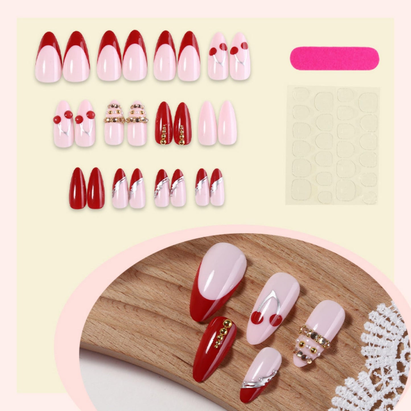Almond Press on Nails Long Fake Nails Red Artificial Nail Cherry Stick on Nail for Women 24pcs