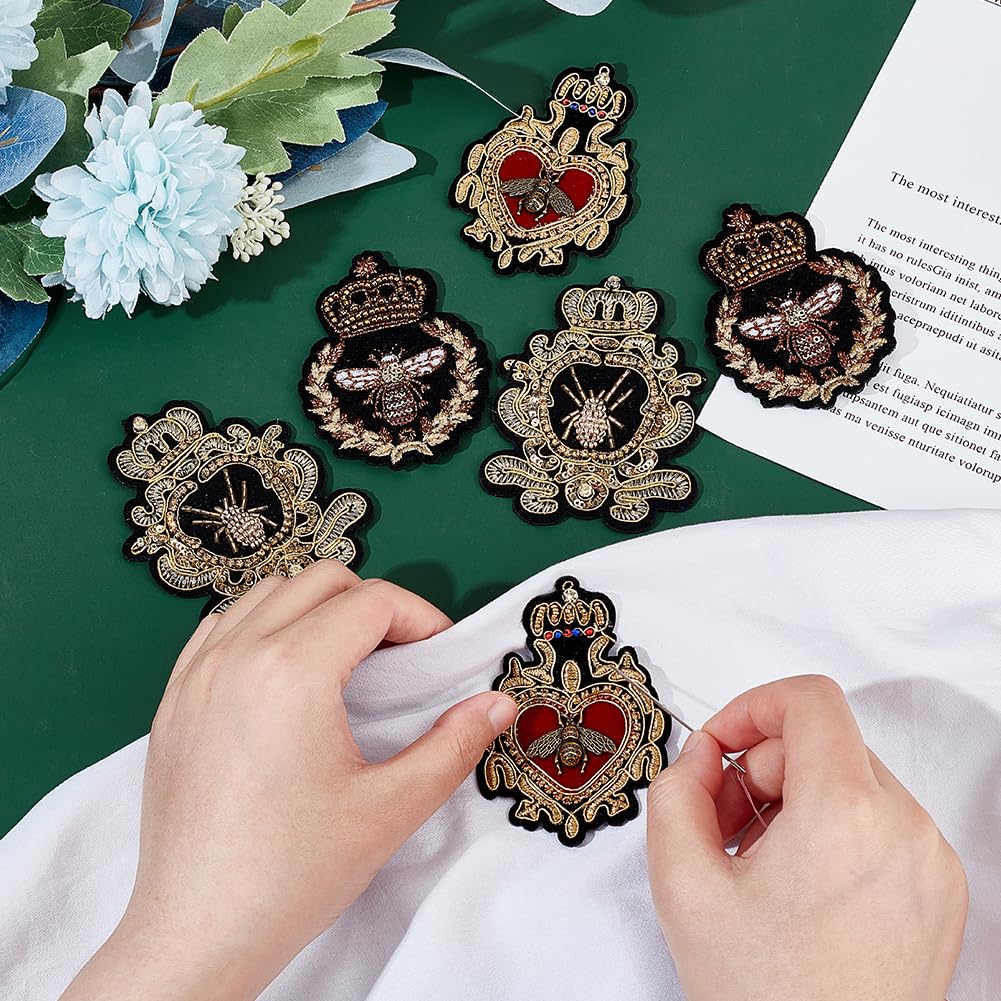 AHANDMAKER 6pcs Crown Bee Badge Embroidered Applique Patch, 3 Style Embroidered Badge Patch Sew On Patches DIY Decorative Applique Patches for Dress Jeans Jackets Handbag Clothing