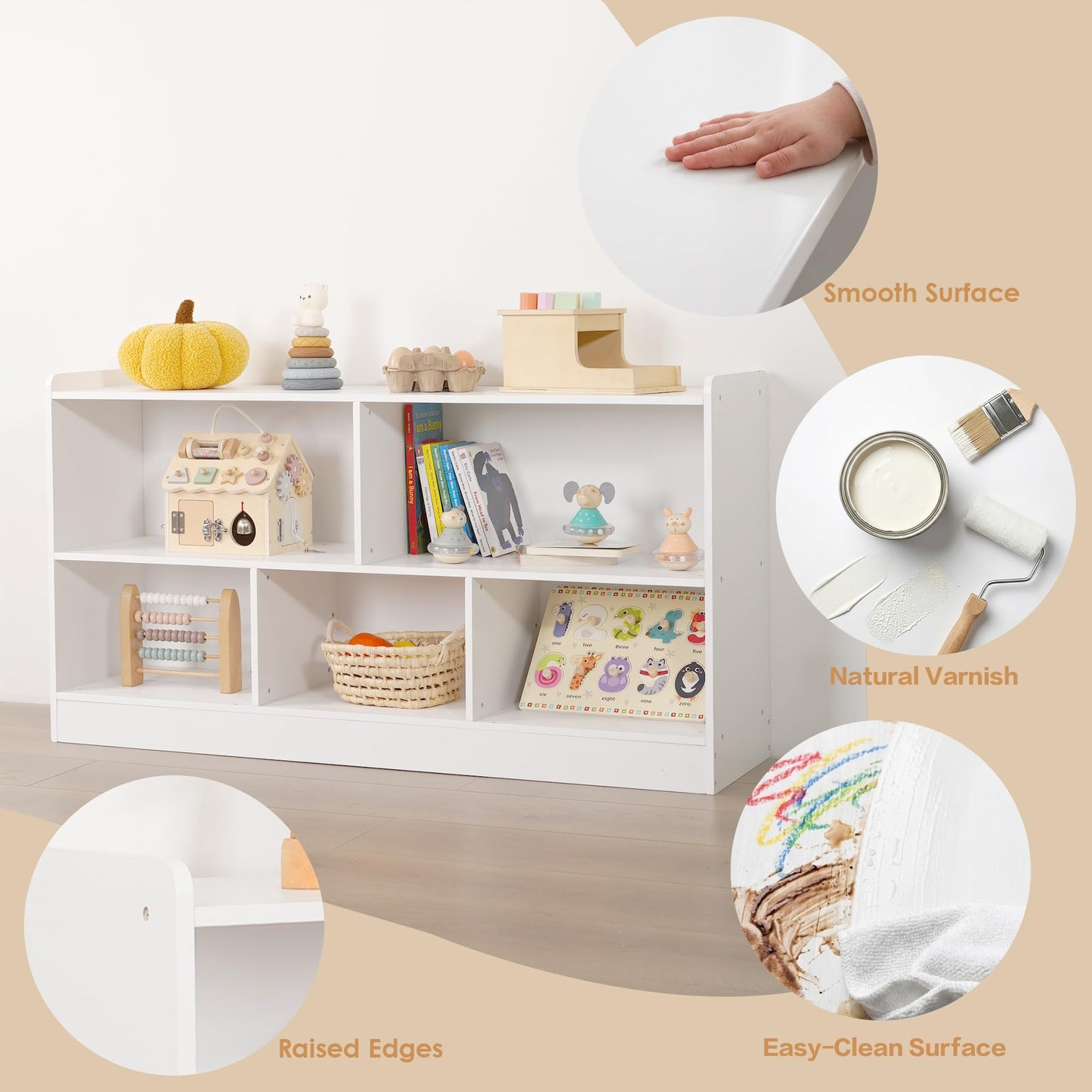 Leeshyah 5-Section Wooden Toy Shelf for Kids, Montessori Shelf Storage with Open Shelving & Customizable Layout | Safe, Sturdy Design for Kids Room, Classroom & Playroom White
