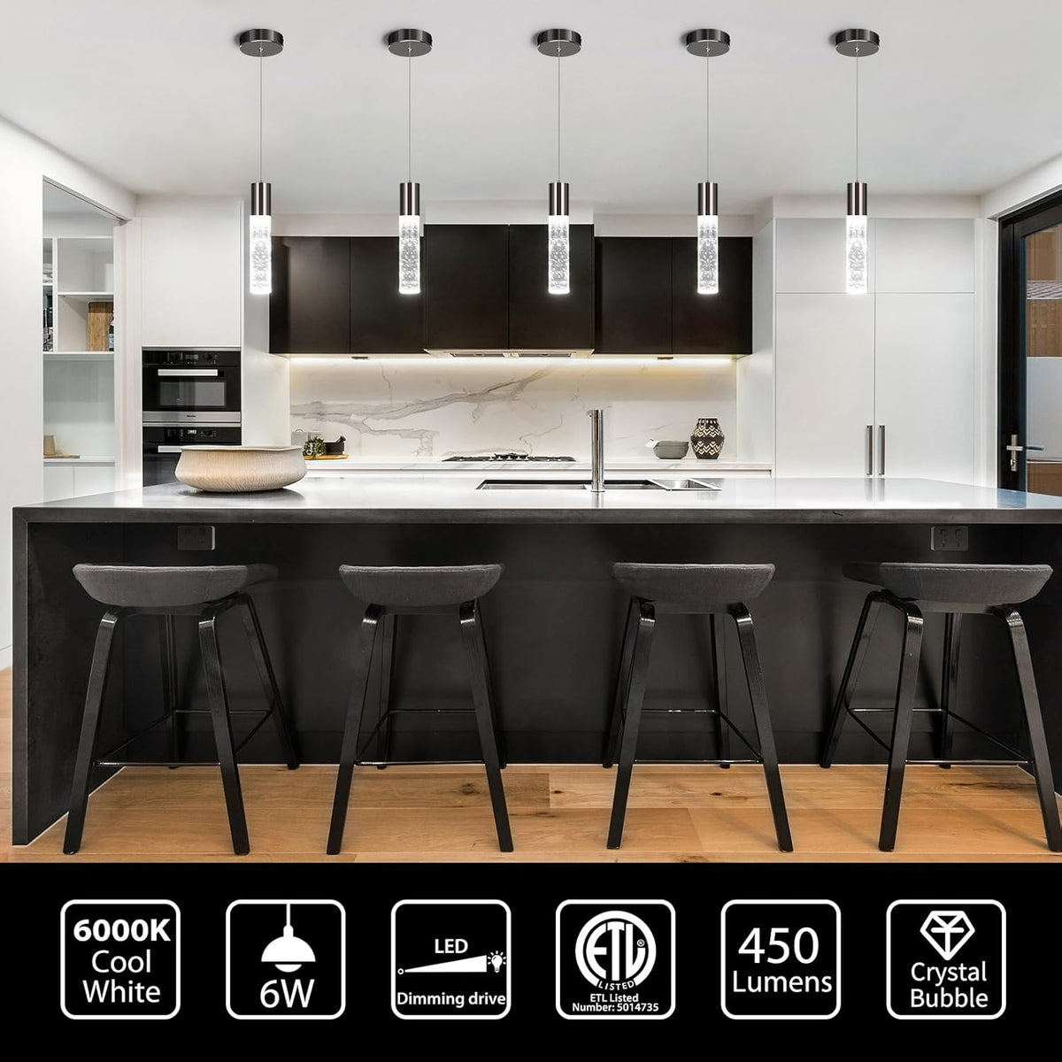 OKELI Modern Pendant Light,LED Bubble Crystal Kitchen Island Lights Fixtures,Black Mini Single Pendant Lighting for Kitchen Island Bar,6W,6000K,ETL,1Pack