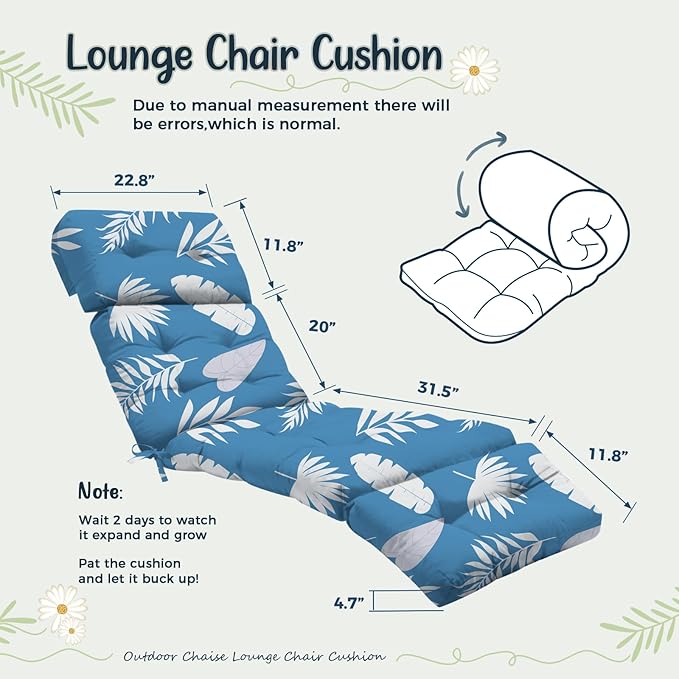 4 Pack Outdoor Chaise Lounge Chair Cushion 75.1 x 22.8 x 4.7 Inches 100% Waterproof Replacement Cotton Patio Pool Lounge Chair Cushion for Outdoor Furniture with Ties, Blue Leaf