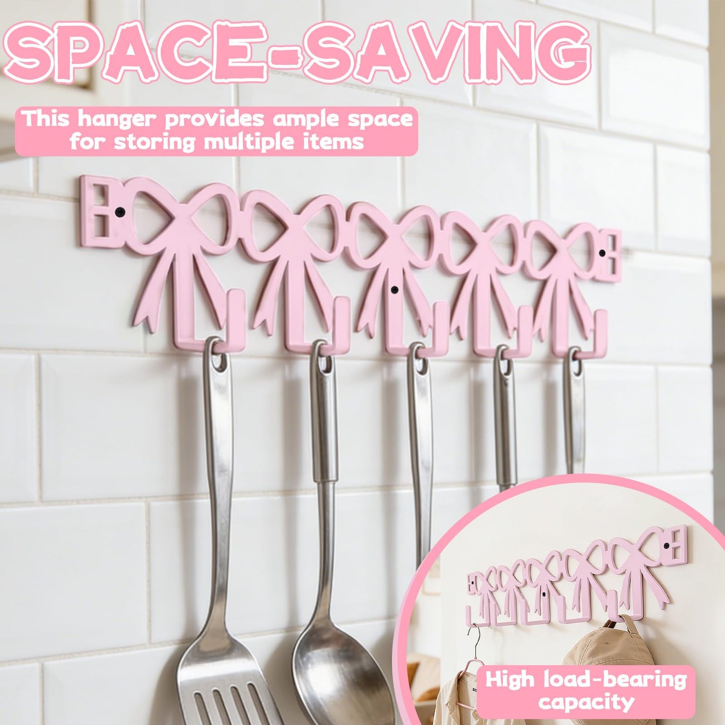Yitexin 2 Way Mounting, Wall Mount or Over the Door Hooks, Cute Pink Bow Door Rack Hanger for Hanging, Heavy Duty Towel Rack with 5 Hook for Hats Purses Coats Clothes Bathroom Organizer (Pink)