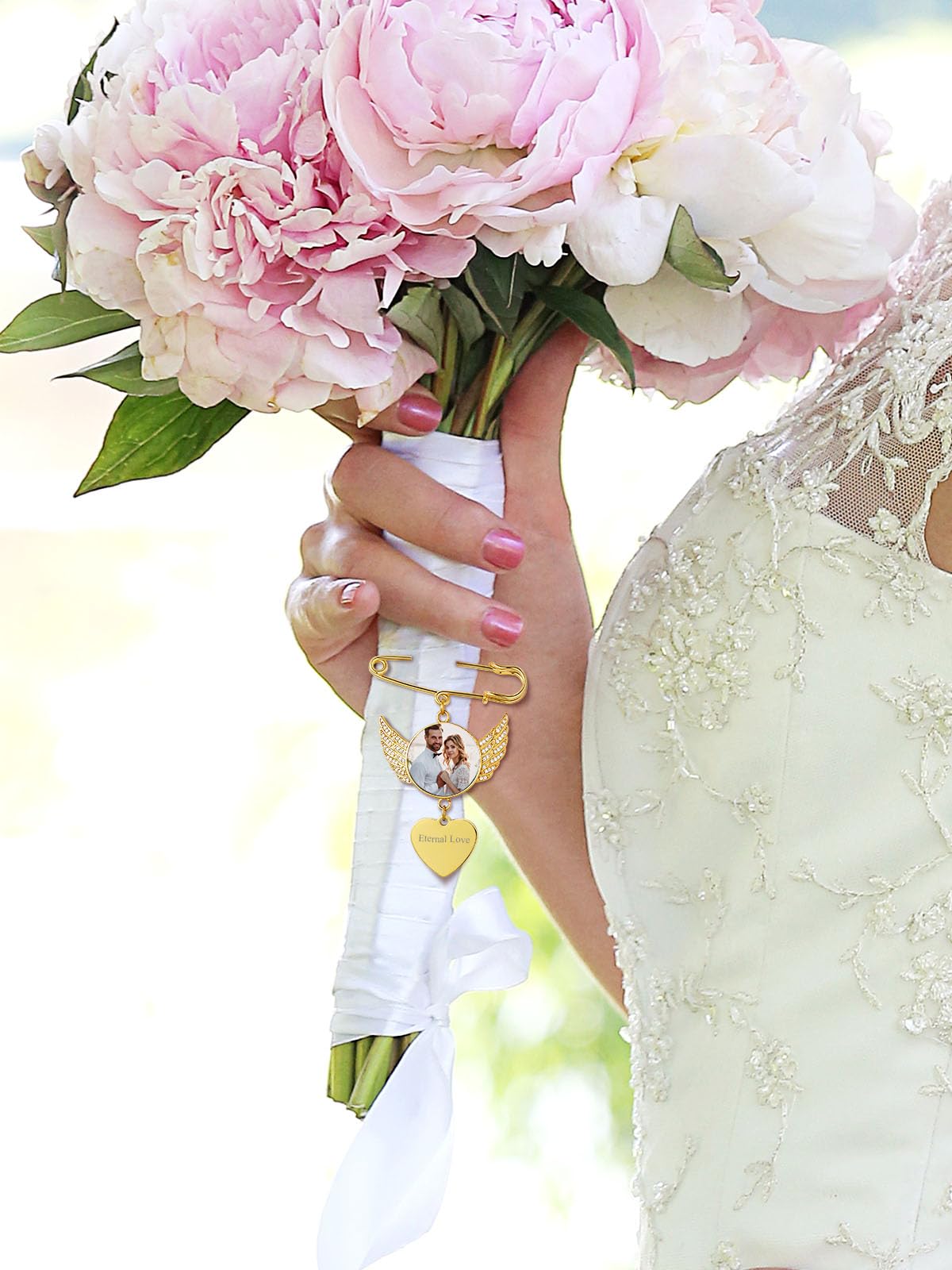 Custom4U Angel Wings Customizable Photo Pins with Name Engraving, Wedding Bouquet Brooch for Bride Groom Mother Father