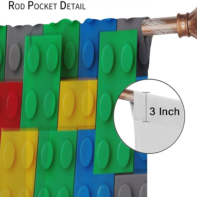 Kids Building Blocks Toy Curtains for Kids Room W42 x L54 Inch Rod Pocket Contour Plastic Colorful Toy Bricks Geometric Print Pattern Curtains for Boys Girls Bedroom 2 Panels