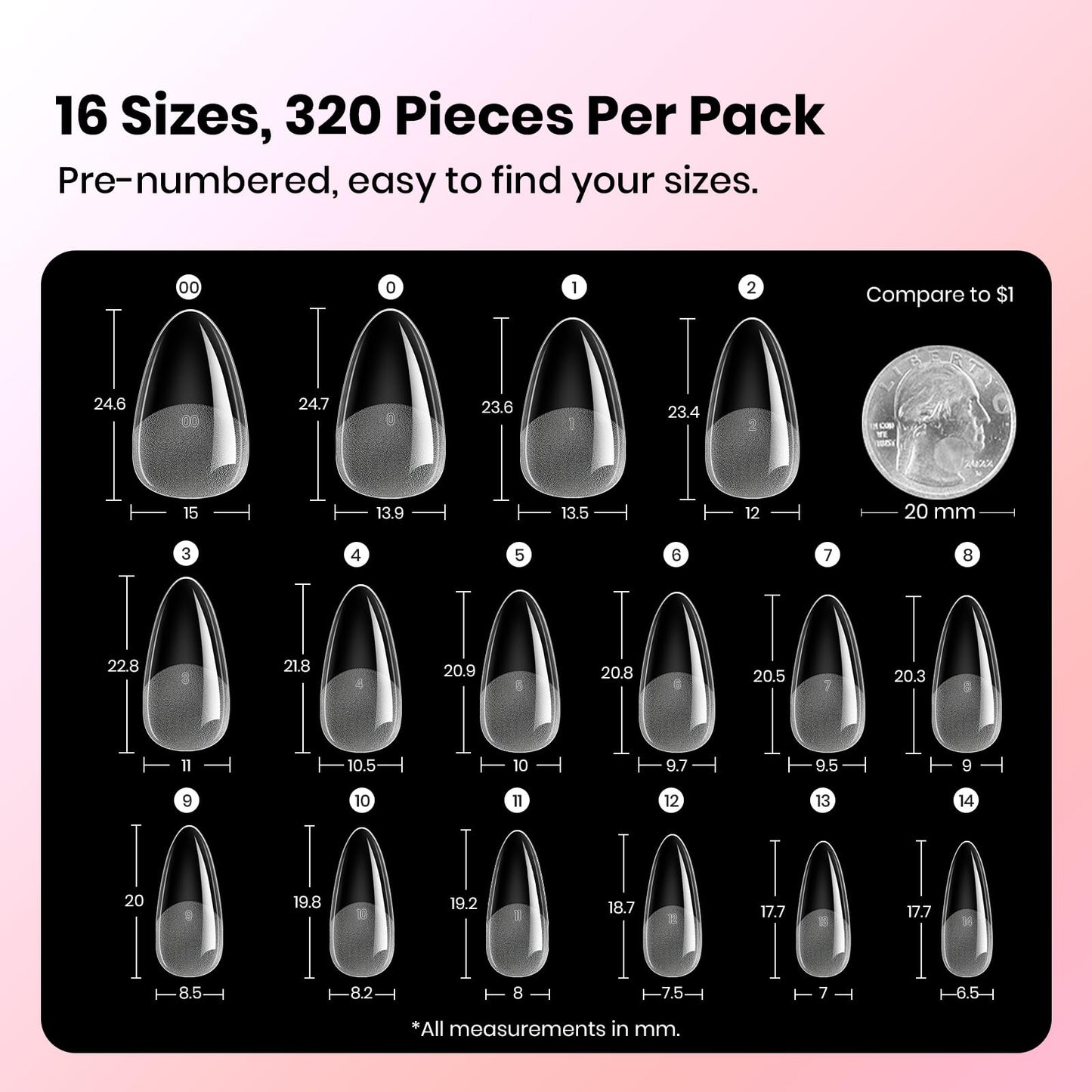 Beetles Gel Nail Tips Curve-EX - Almond Medium, 320pcs 16 Sizes, Etch-X Half Matte Full Cover Soft Acrylic False Press on Nail Tips Easy DIY Nail Extension Art Salon for Curved & Natural Nail Beds