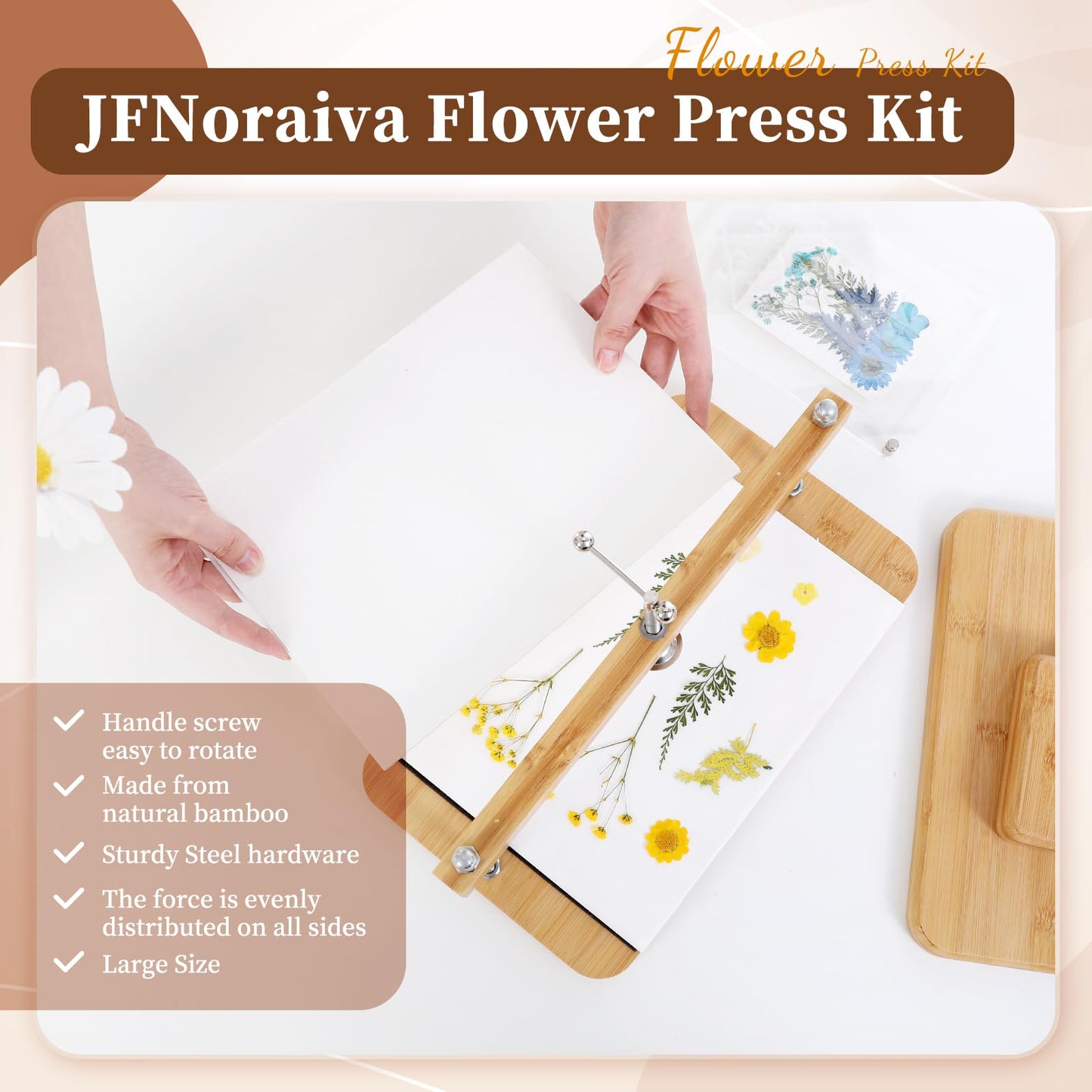 JFNoraiva Flower Press Kit,11 * 7.9 in Large Leaf Plant & Flower Press, Portable Bamboo Wooden Flower Preservation Kit, Includes Drying Plate & Lining Paper