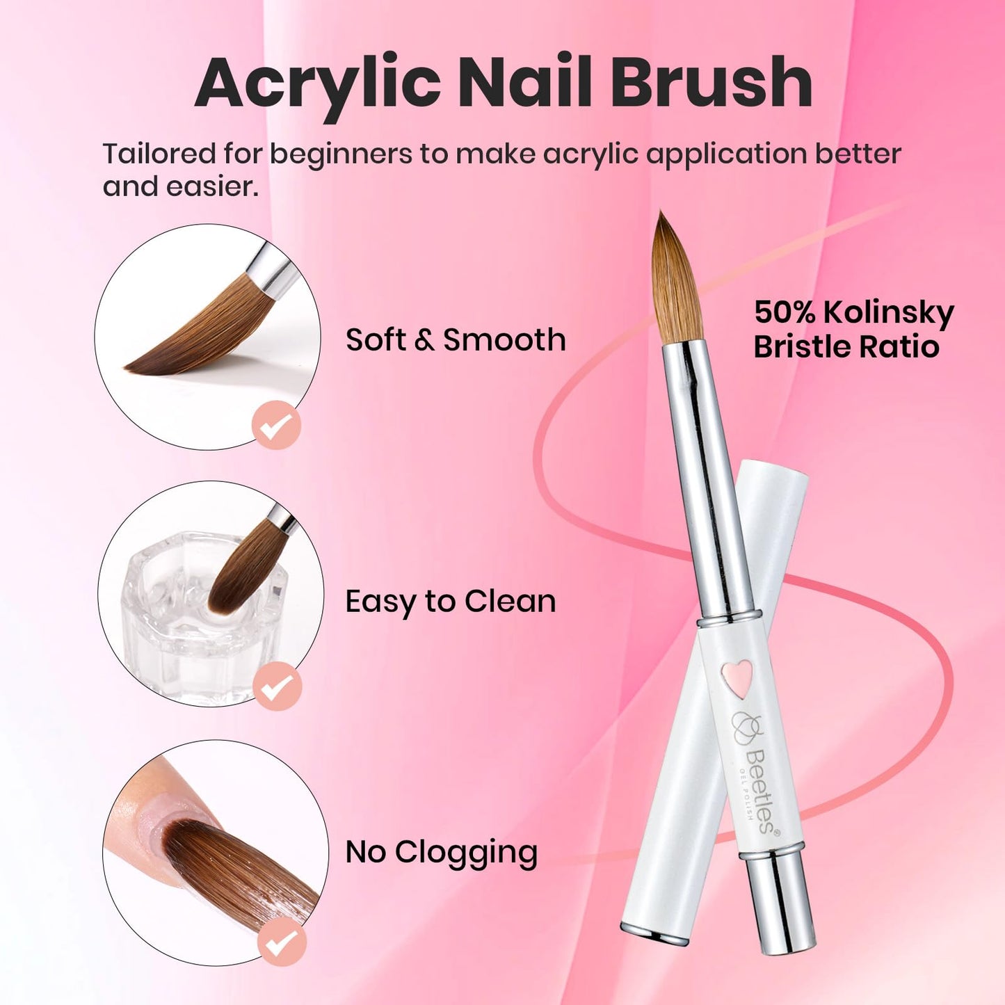 Beetles Acrylic Nail Brush Kolinsky Hair Bristles Round Shaped Metal Handle Nail Art Brushes for Manicure Extension Acrylic Powder DIY at Home Manicure Tool - Size 10