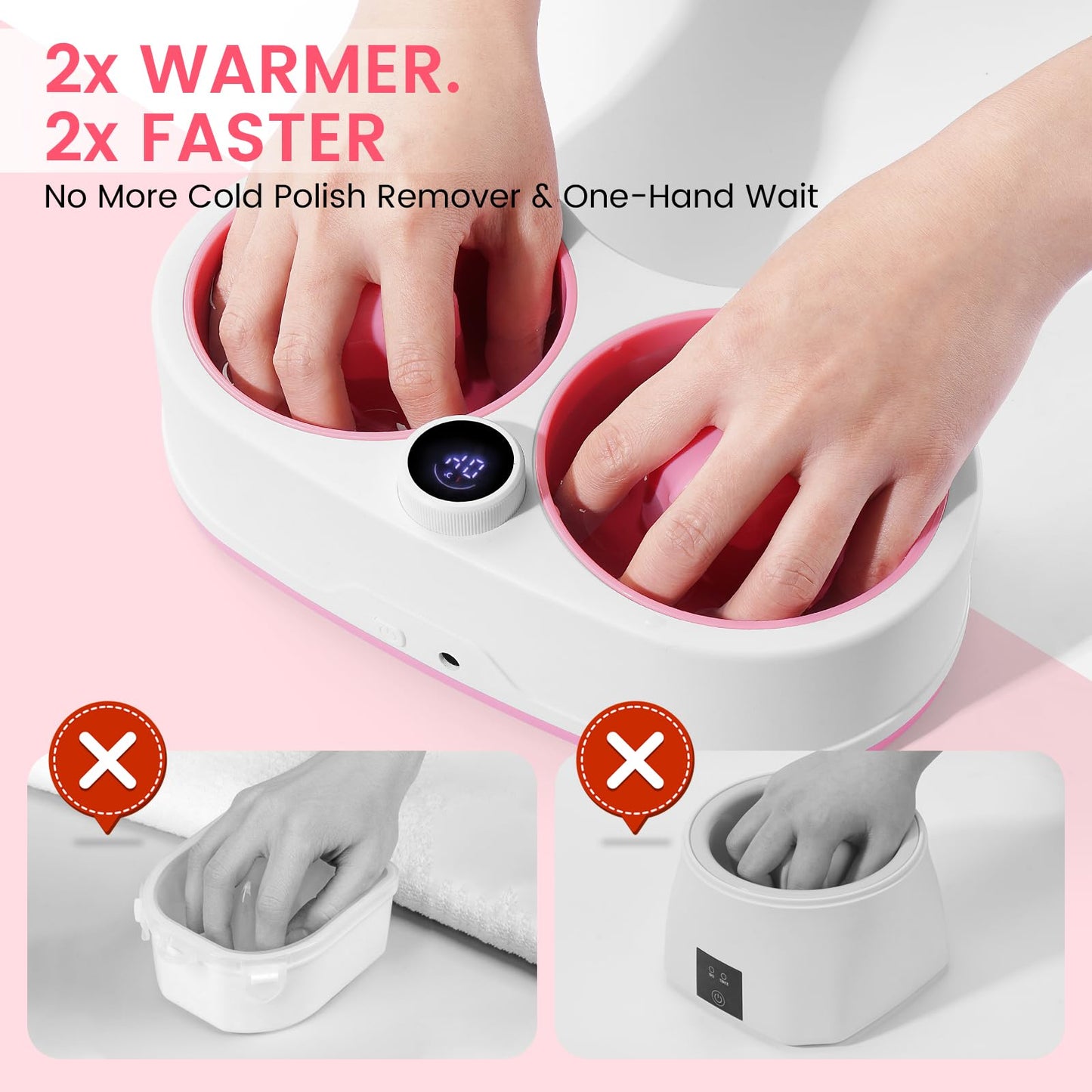 Dual Nail Soaking Bowl Electric: 31-50°C Temp Control Nail Soak off Bowl for Gel Polish Dip Acrylic Nails Remove- 2 in 1 Heated Hand Spa & Manicure Nail Remover Bowl Acetone Proof for Salon Home