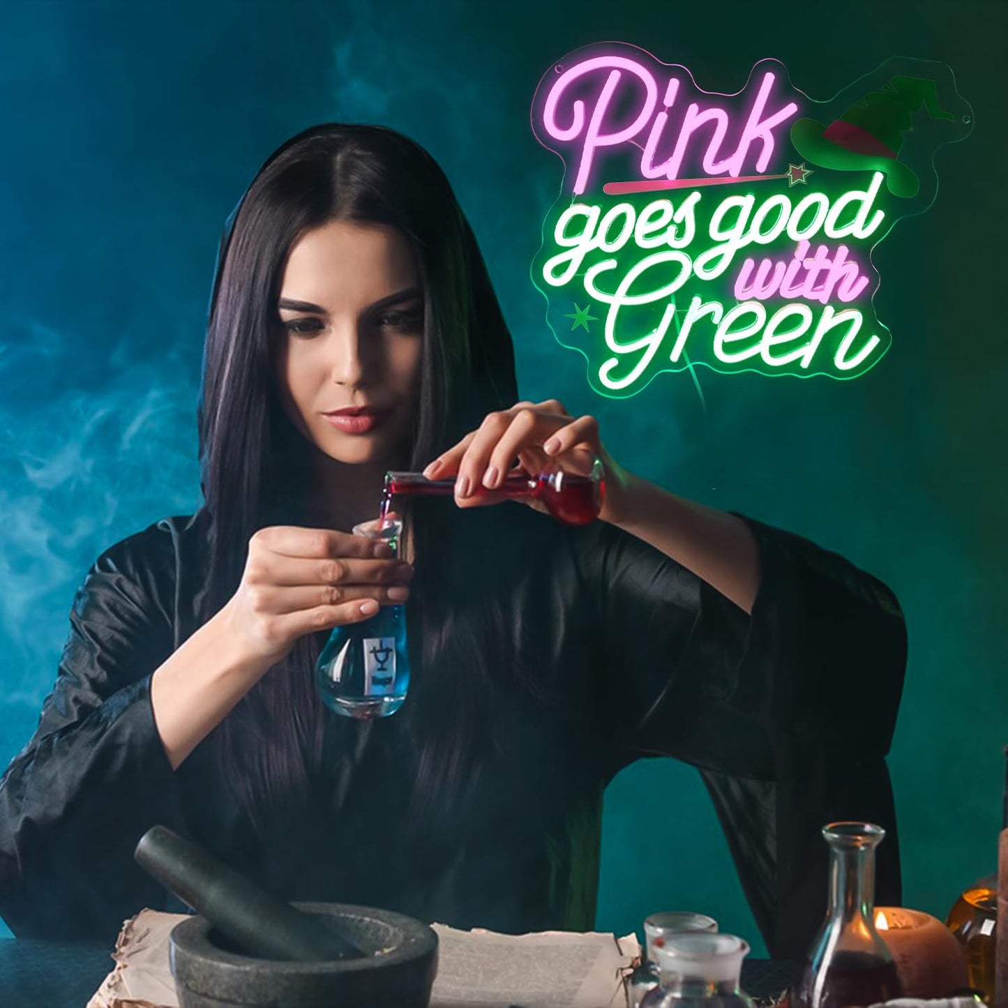 “Pink Goes Good With Greed” Witch-Themed Neon Sign - Enchanting LED Decor with Magic Hat Accent (13.9”x13.4”)
