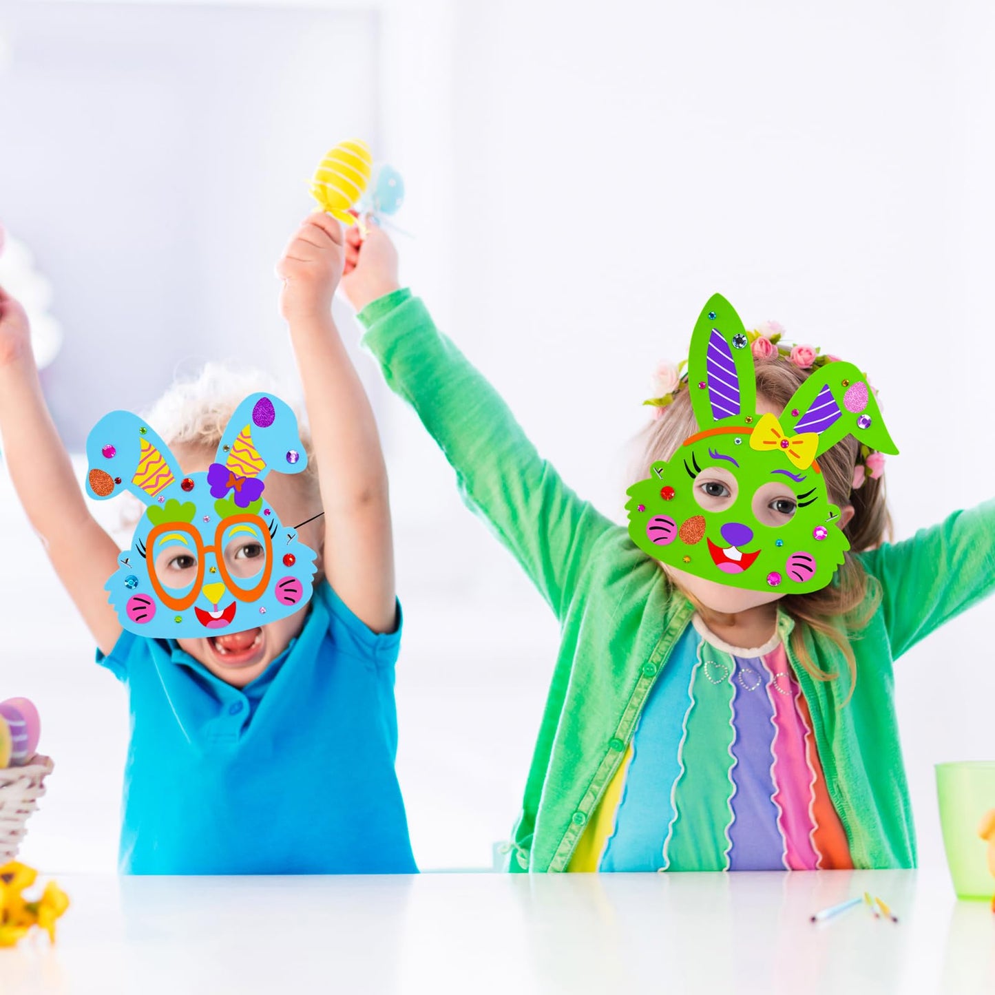 Winlyn 24 Sets Easter Bunny Masks Craft Kits DIY Foam Easter Bunny Party Mask Art Sets Bunny Face Stickers Arts and Crafts for Kids Party Favors Spring Easter Classroom Activities Art Project