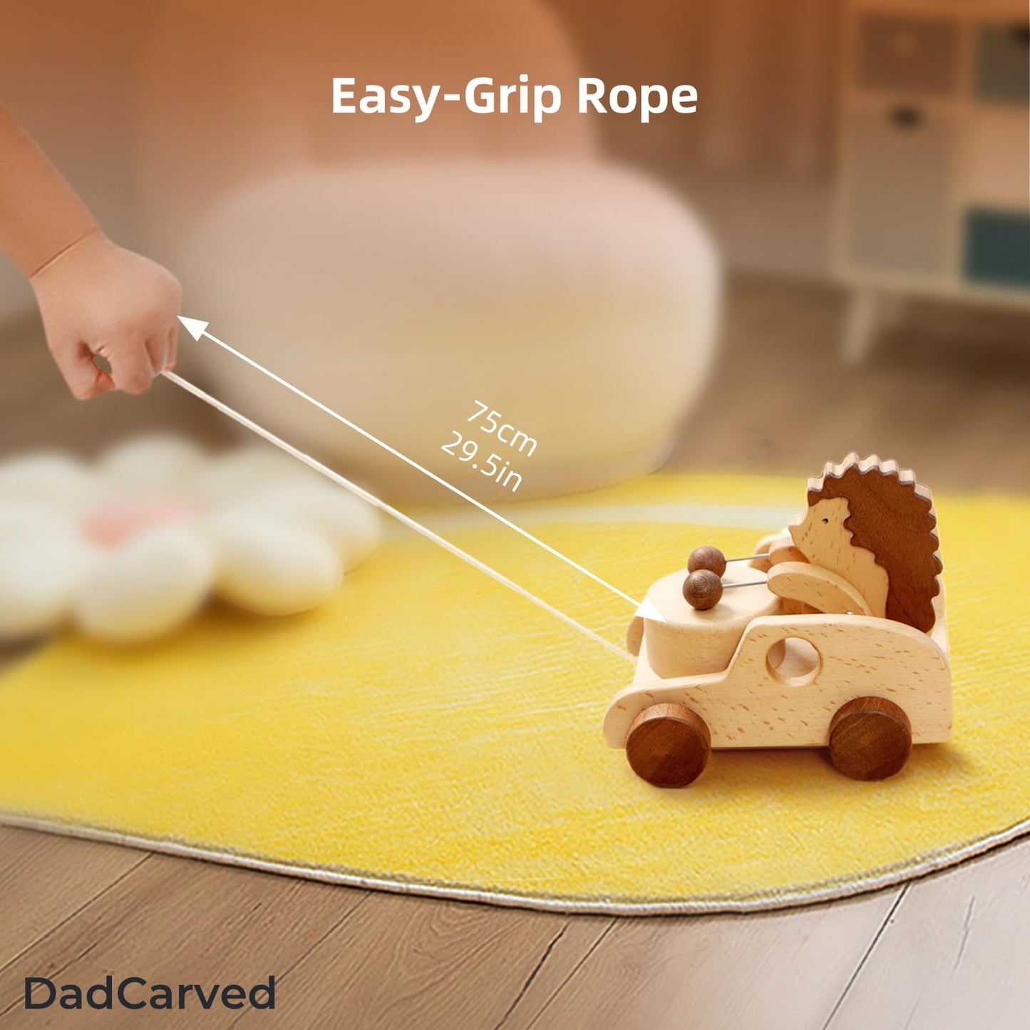 DadCarved Hedgehog Pull-Along Toy | Musical Wooden Pull Toy with Wooden Grip Ring | Natural Drumming Sound for Toddlers 1.5+ Years