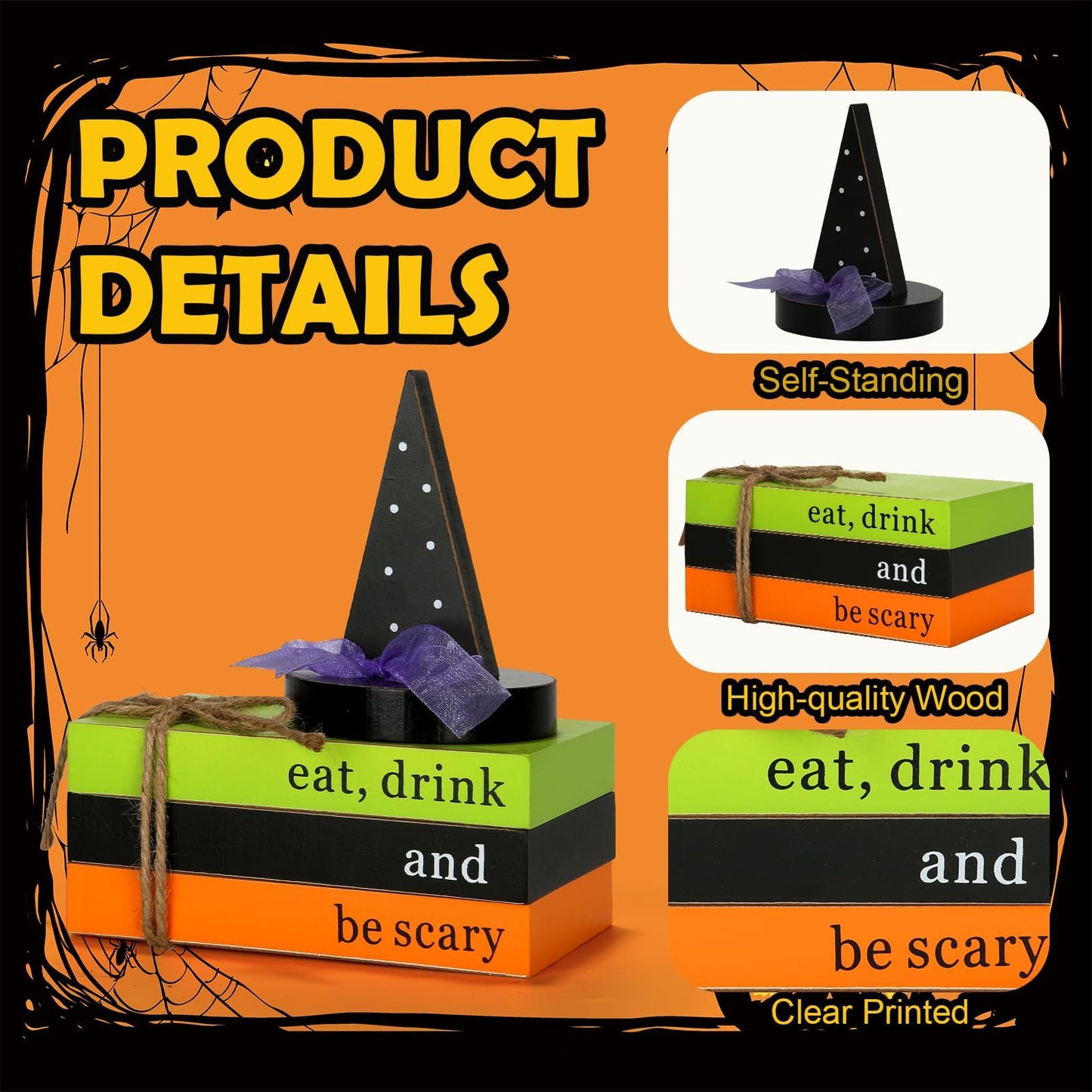 Halloween Decorations 4PCS Table Centerpieces, Cute Tabletop Halloween Decor for Tiered Tray Shelf Mantel Fire Place Office Desk Rustic Farmhouse Wood Faux Book Stack and Witch’s Hat Sign