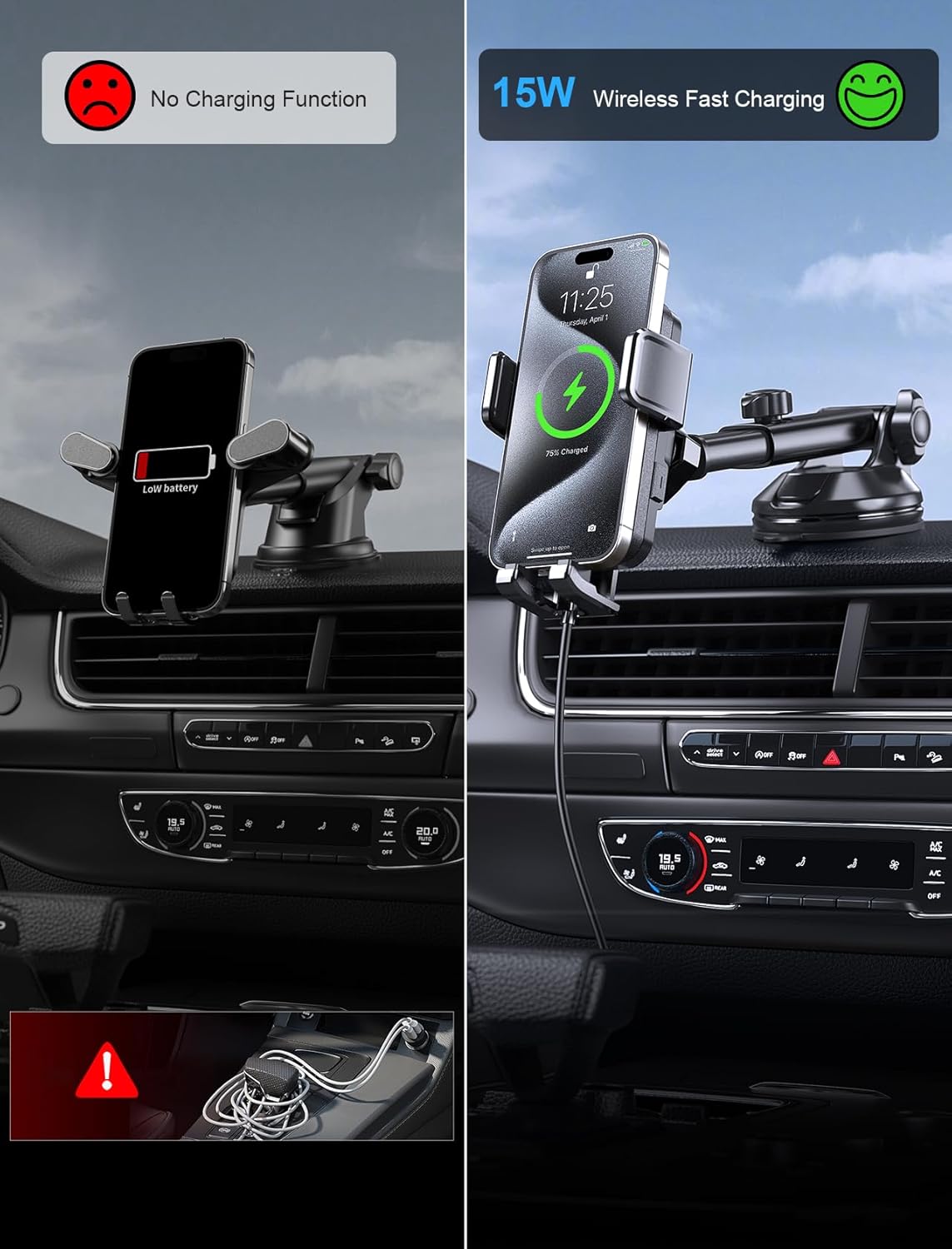 Wireless Car Charger, MOKPR 15W Fast Charging Auto Clamping Dashboard Windshield Air Vent Car Phone Holder Car Charger for iPhone 16 15/14/13/12 Pro Max Plus, Samsung S23/S22/S21,etc