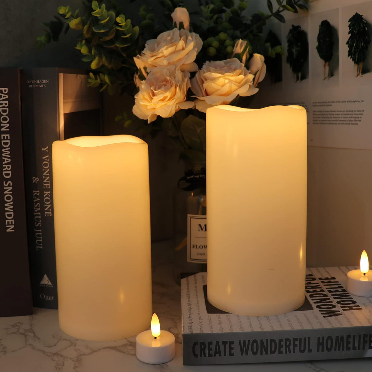 GenSwin Waterproof Outdoor Flameless Candles with Remote Timer, Battery Operated Large Flickering LED Pillar Candles for Indoor Outdoor Lanterns, Won’t Melt, Long-Lasting(White, Set of 2, 8” x 4”)