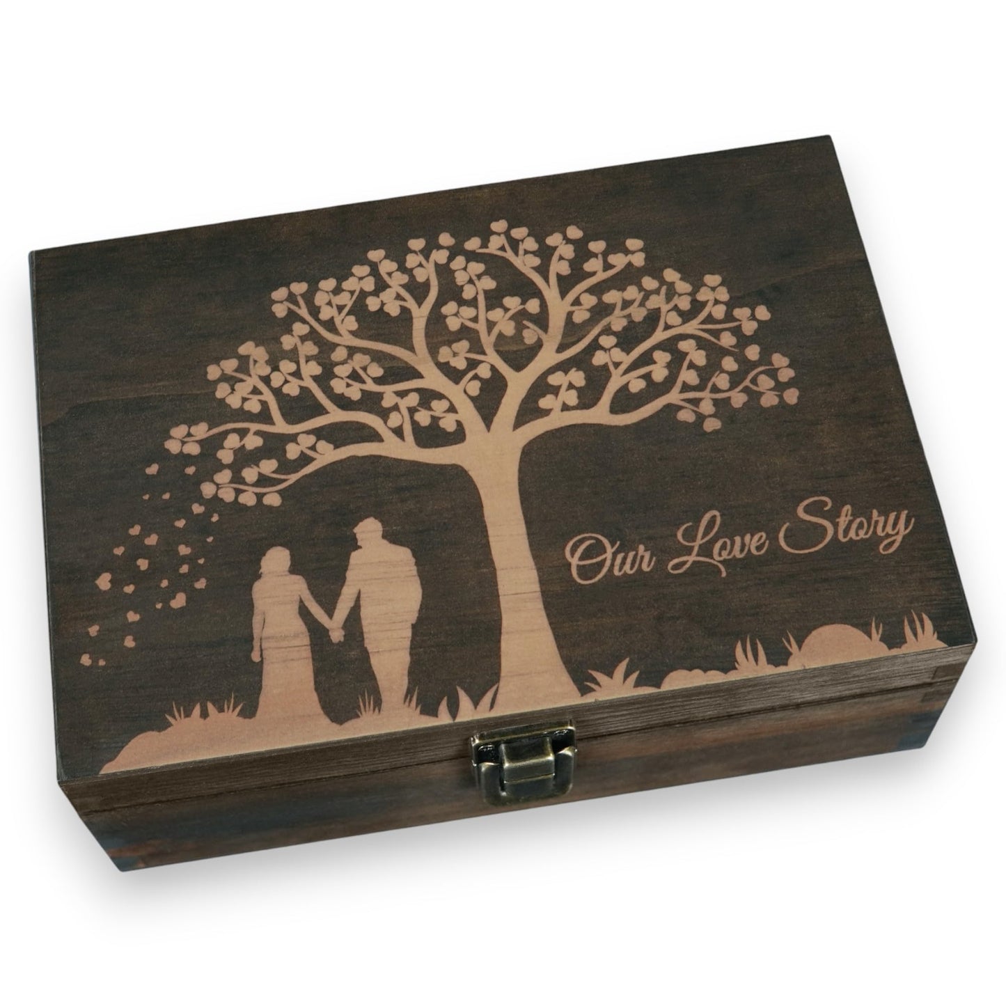Engraved Wedding Memory Box- Wooden Keepsake Box for Bride & Groom, Letters, Photos, First Anniversary and Valentine’s Day Gift, Personalized Rustic Storage, Medium Size, Dark Walnut - 8.5 x 6 x 3 in