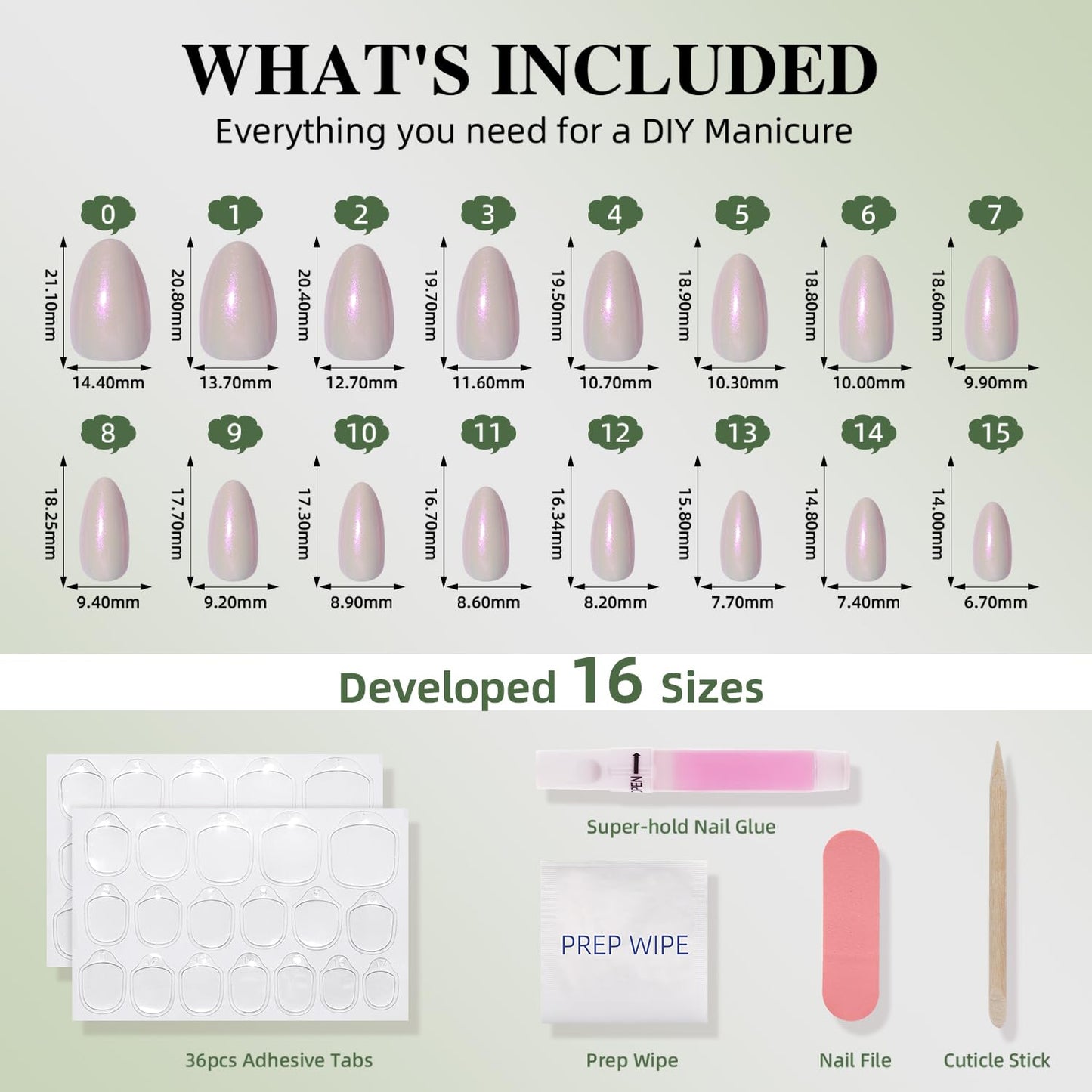 White Press On Nails Almond - White Almond Fake Nails, Short Press On Nails Chrome Reusable Stick On Nails in 16 Sizes, 32pcs False Nail Kit for Women & Girls(Pearl Whisper)
