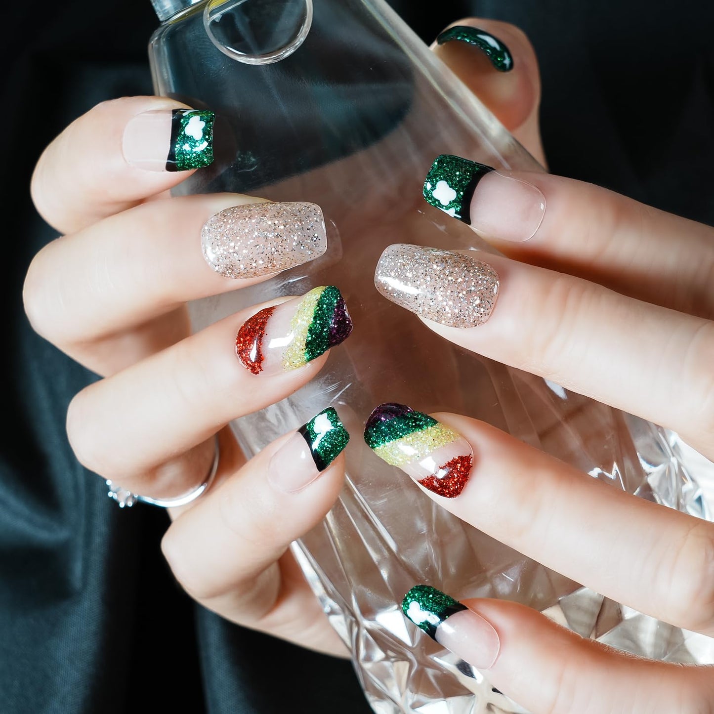 Tesytto Medium Square Press On Nails, Nude with Green Glitter French Tips and Hand-Painted White Clover, Rainbow Glitter Gradient Thick Acrylic Nails (Size S)
