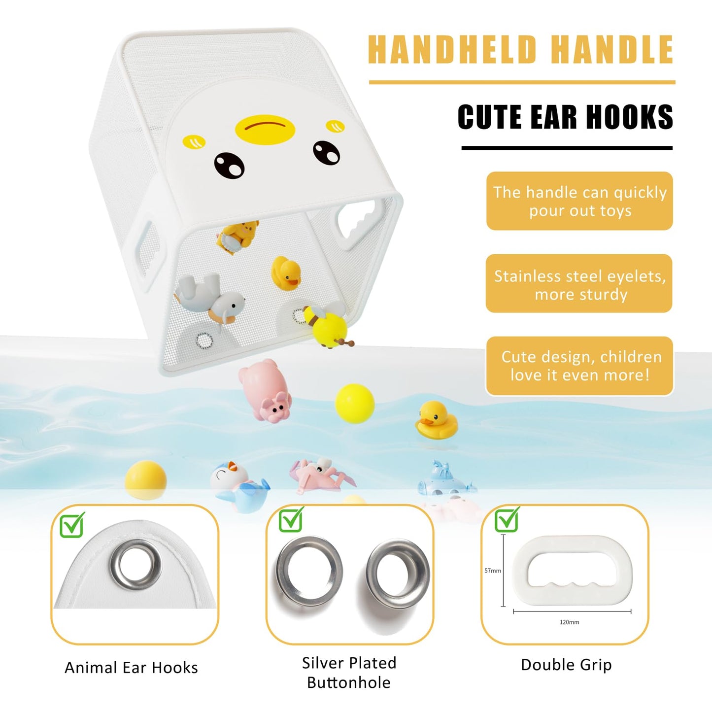 Ligereza Quick Fetch Way Bath Toy Storage, Cute Mesh Bath Toy Organizer, Large Capacity and Large Opening Baby Bathtub Toy Holder for Tub, Multipurpose Mesh Shower Bag (White)