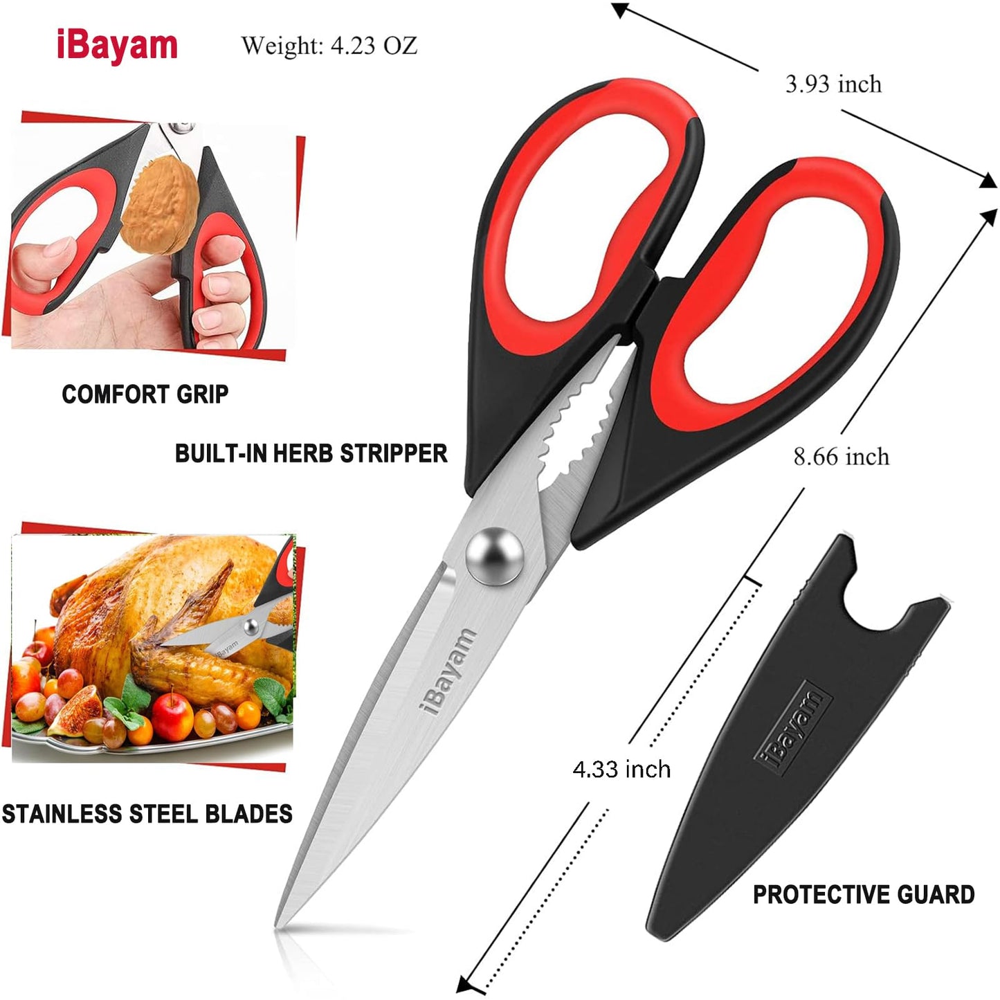 iBayam Kitchen Scissors All Purpose Heavy Duty 2 Pack with Protective Sheath, Stainless Steel Shears Kitchen Utensils Set for Cutting Food Cooking Meat Poultry Dishwasher Safe Soft Comfort-Grip