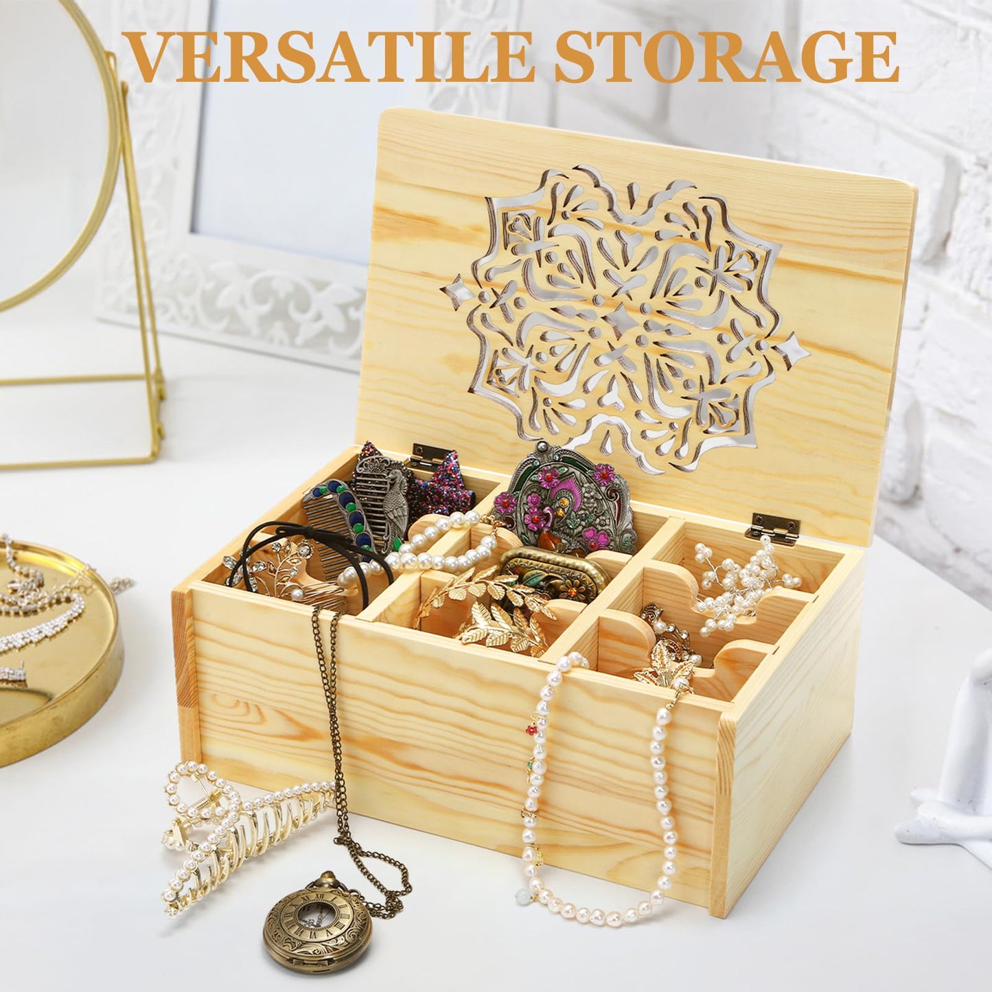WRINGKIT Tea Bag Organizer Box, Wooden Tea Bag Chest Holder Container with 9 Compartment Floral Carved Lid, Multi-Functional Decorative Box for Storage Sugar Packet, Sweets, Christmas Gift