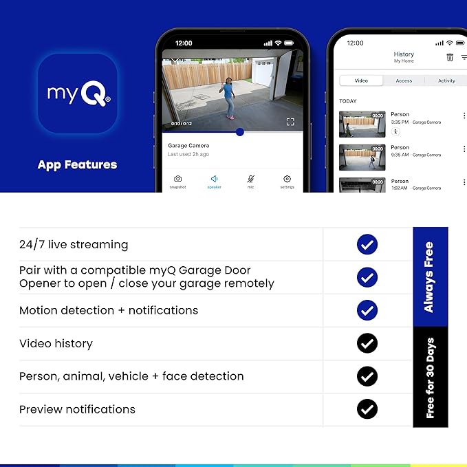 myQ Smart Garage Security Camera – 1080p HD Video, Night Vision, Motion Detection, Magnetic, Wi-Fi, Two-Way Audio, Smartphone Control