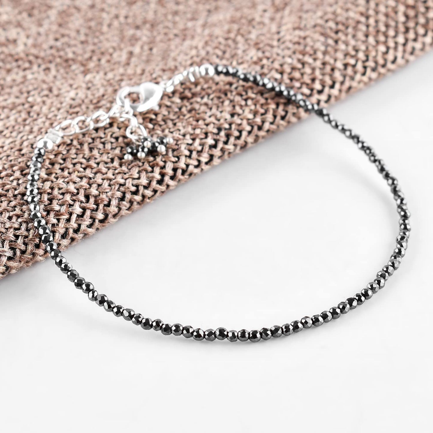 QNAVIC Hematite Gemstone Micro Round Beads Danity Choker Bangle Bracelets for Women, Handmade Jewelry Healing Chakra Crystals, Silver Plated 8 inch Number Beads for Bracelets Gift for Her.