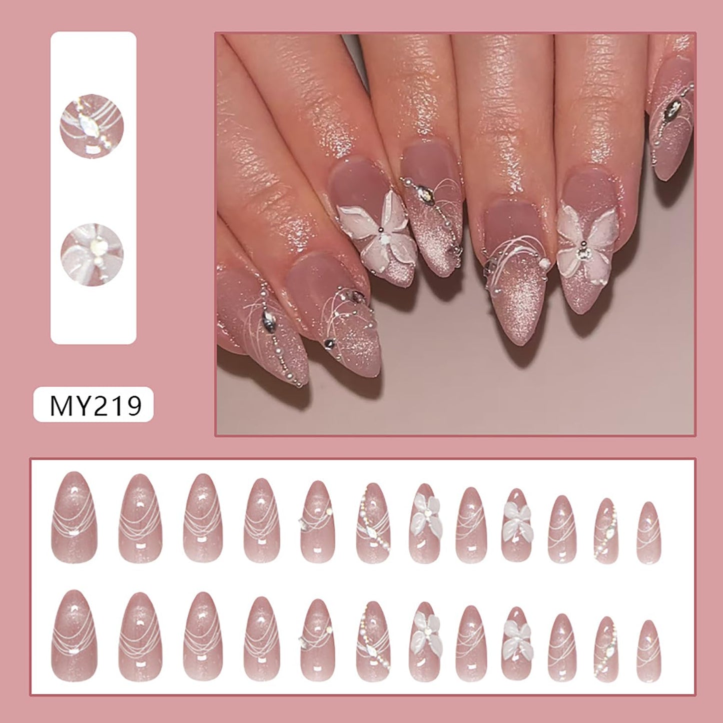 Press on Nails Almond Medium Cat Eye Acrylic False Nail Flower Rhinestones Design Full Cover Glossy Artificial Fingernails Press Ons Rhinestones Stick on Nails DIY Glue on Nails for Women 24Pcs