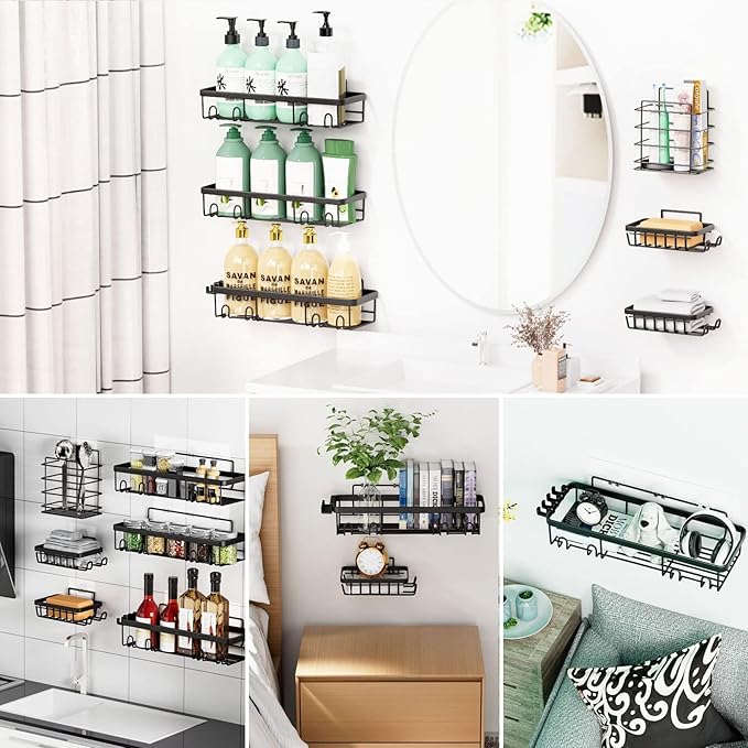 Adhesive Shower Caddy, 5-Pack Shower Caddy Hanging Bathroom Storage Organization, No Drilling Shelves with Soap Caddy & Toothbrush Wall-Mounted Shower Holder, Rustproof Bathroom Shelves