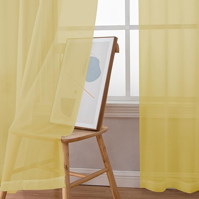 Simplebrand Yellow Sheer Curtains 96 Inches Long, Light Filtering Rod Pocket Solid Color Window Sheer Curtain Panels, Elegant Curtains & Drapes for Living Room, Bedroom 2 Panels, 42" W x 96" L