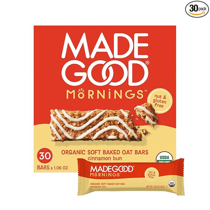 MadeGood Mornings Soft Baked Breakfast Bars, Cinnamon Bun 1.06 Oz (30 Count) Gluten Free Snacks